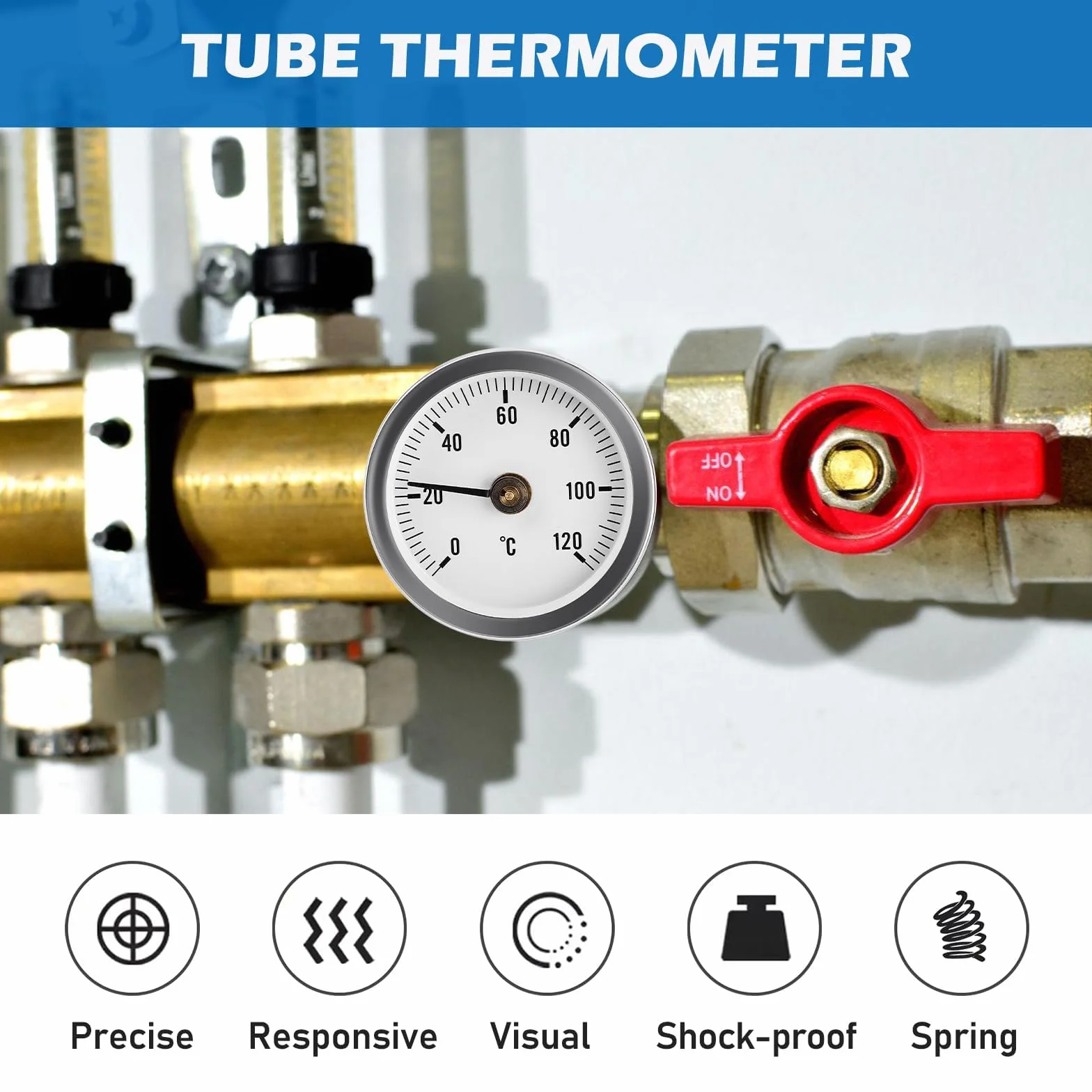 GOMETY Termometr do montażu rur grzewczych, termometrów grzewczych, termometrów przemysłowych, 0-120°C, 63 mm, do instalacji grzewczych i kotłów, wskaźnik temperatury