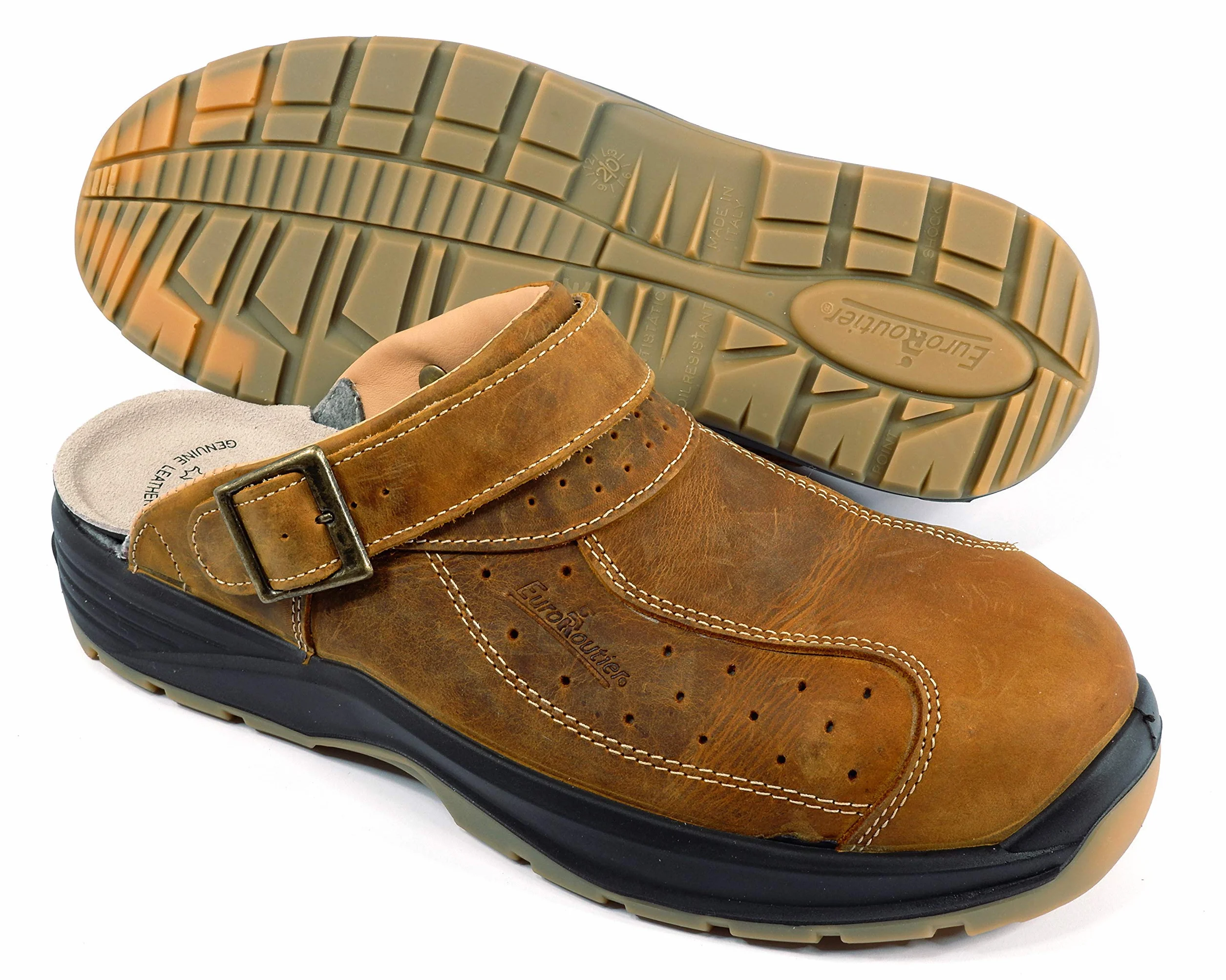 EuroRoutier Premium Leather Tucson Brown, Drewniaki, Klapki Ochronne Z Certyfikatem SB + A + E + FO + SRC
