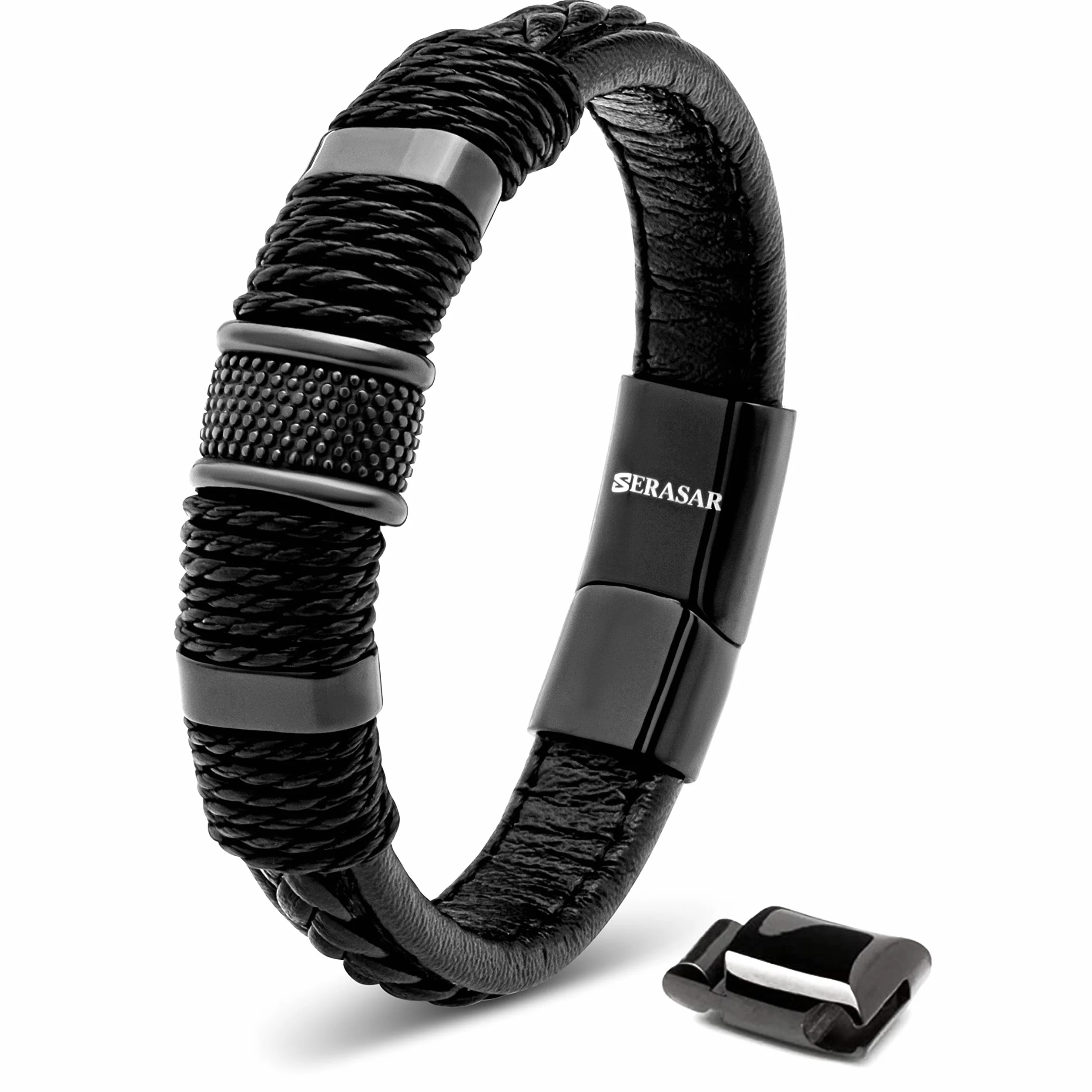 SERASAR Bransoletka Mężczyźni 20cm Czarny Skórzana Biżuteria Braided Wrap Skórzany Łańcuch Leather