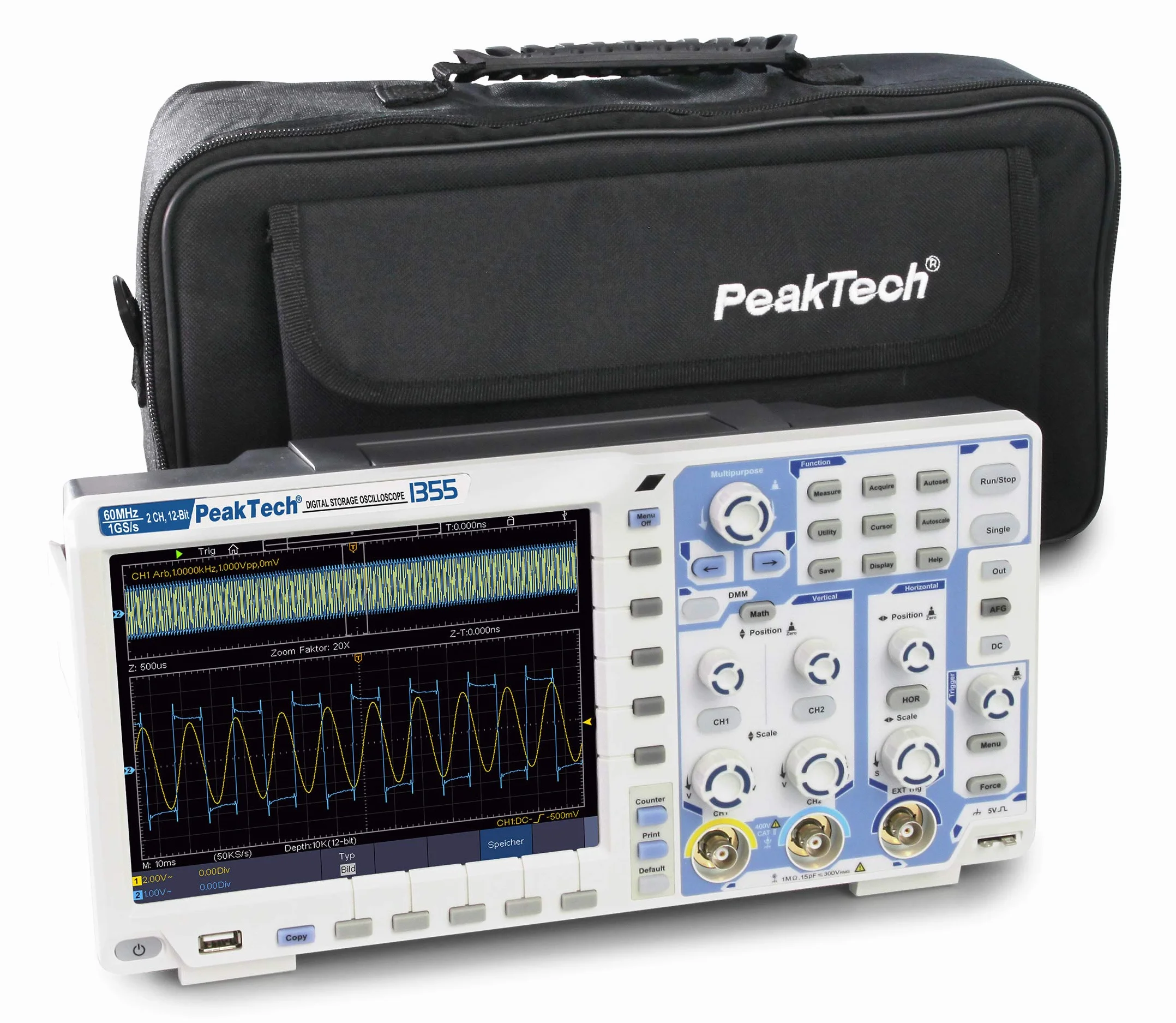 PeakTech P 1355 2-Channel Storage Oscilloscope 60 MHz Max. 1 GS/s and 12 bit A/D - with USB, LAN interface & 8" touch screen, memory depth 40 million points, FFT & XY mode, DSO 18 W, 240 V