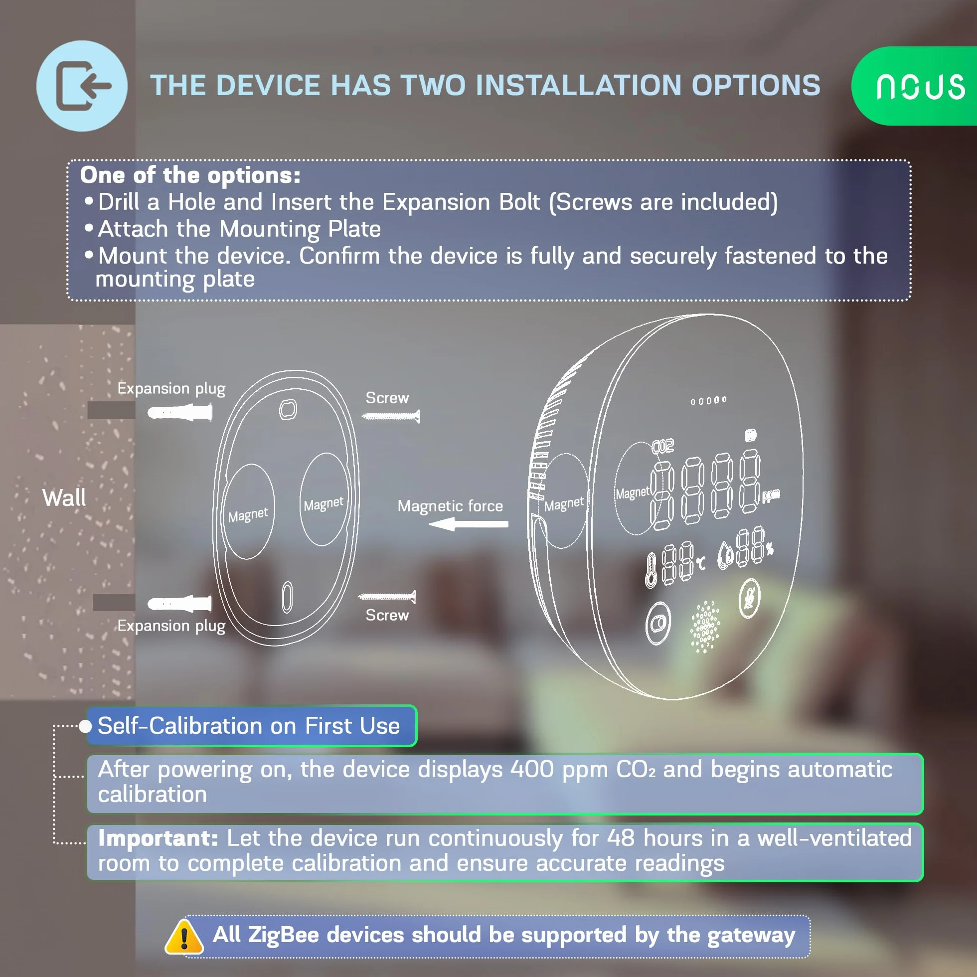 Nous E10 ZigBee czujnik CO2 z czujnikiem temperatury i wilgotności powietrza, inteligentny monitor jakości powietrza, wskaźnik LED, alarm aplikacji, monitorowanie w czasie rzeczywistym, Zigbee 3.0