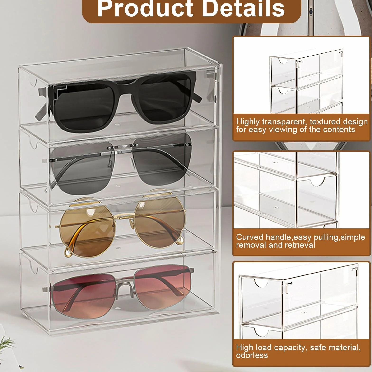 Przezroczysty organizer na okulary akrylowy 4 szuflady 6,5x17,5x24,5 cm