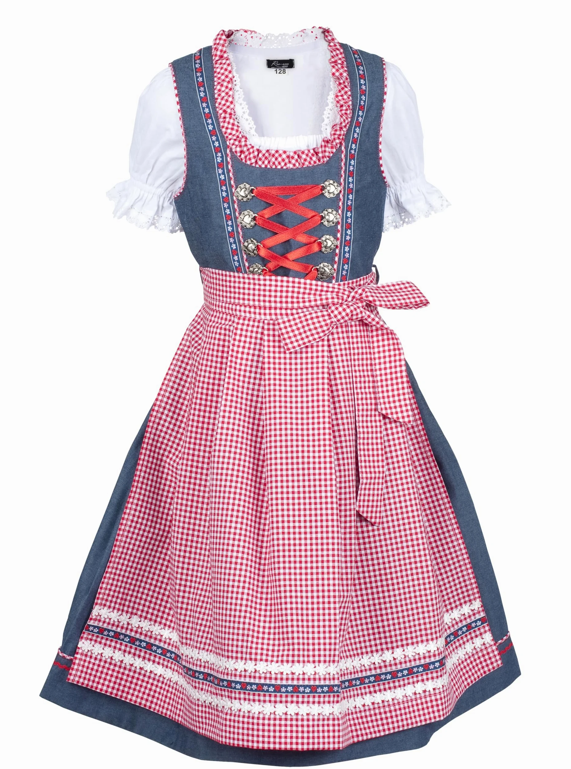 Ramona Lippert® Jeans dirndl Naomi, niebieski różowy - 3-częściowa sukienka ludowa Dirndl dla dziewczynek