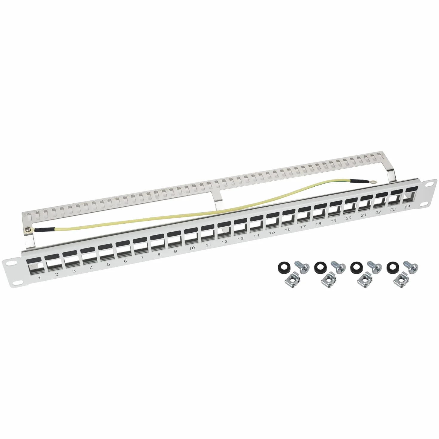 HMF 66446-07 Patch panel STP Keystone do szafy serwerowej | 19 cali | 1 U | 24 porty RJ45 ekranowane | jasnoszary