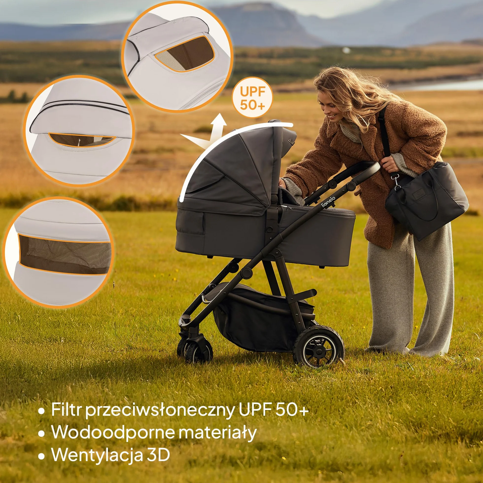 LIONELO AMBER PLUS 3 w 1 Wielofunkcyjny Wózek Dziecięcy od 0 do 4 lat do 22kg z Gondolą XL, Fotelik Samochodowy do 13 kg, Regulacja Oparcia, Duże Terenowe Koła 360o Budka XXL