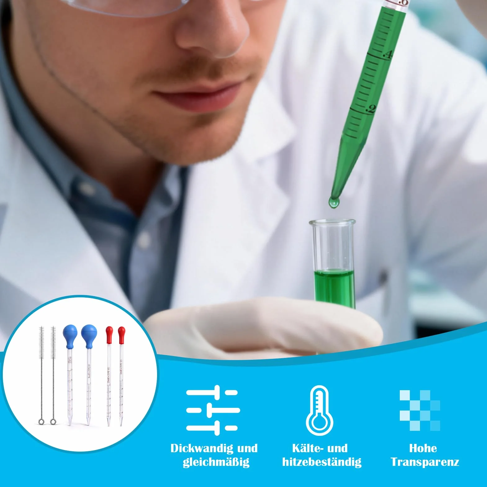 Zestaw pipety szklanych, pipeta szklana ze skalą, pipeta szklana, 10 ml, 5 ml, 2 ml, 1 ml, do laboratorium, żywności, zastosowań badawczych i medycznych, z 2 szczotkami do kropli