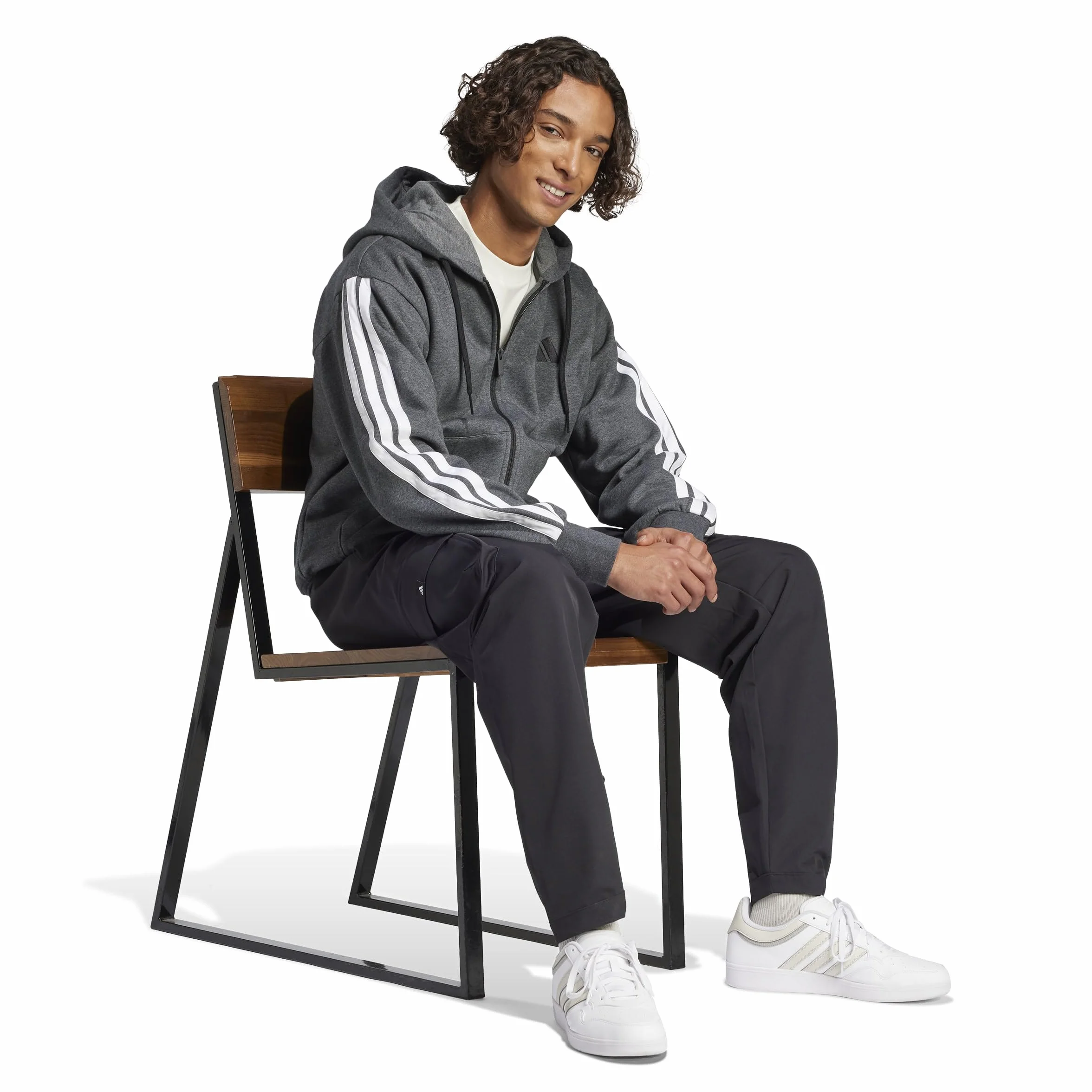adidas Mezczyzni Essential Three Stripes Fleece Zipper Hoodie Sweatshirt, dark grey heather/black, S