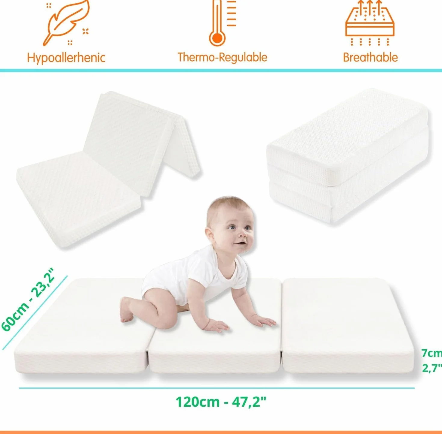 Bamboo Mattress - Łóżeczko podróżne 120x60cm dla komfortu dziecka - składany i przenośny - zdejmowany pokrowiec z bawełny bambusowej - mata podłogowa dla niemowląt - hipoalergiczna - Oeko Tex.