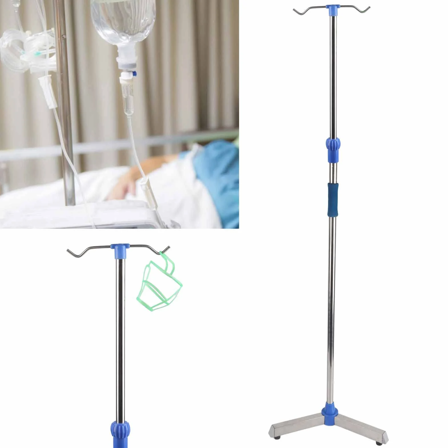 Stojak na Kroplówkę, Stojak na Kroplówkę Domowy Stojak na Kroplówkę z 2 Haczykami do Kliniki Domowej Regulowana Wysokość ze Stali Nierdzewnej Stojak Kroplówki IV Uchwyt na Infuzję Ruchomy Wspornik Pod