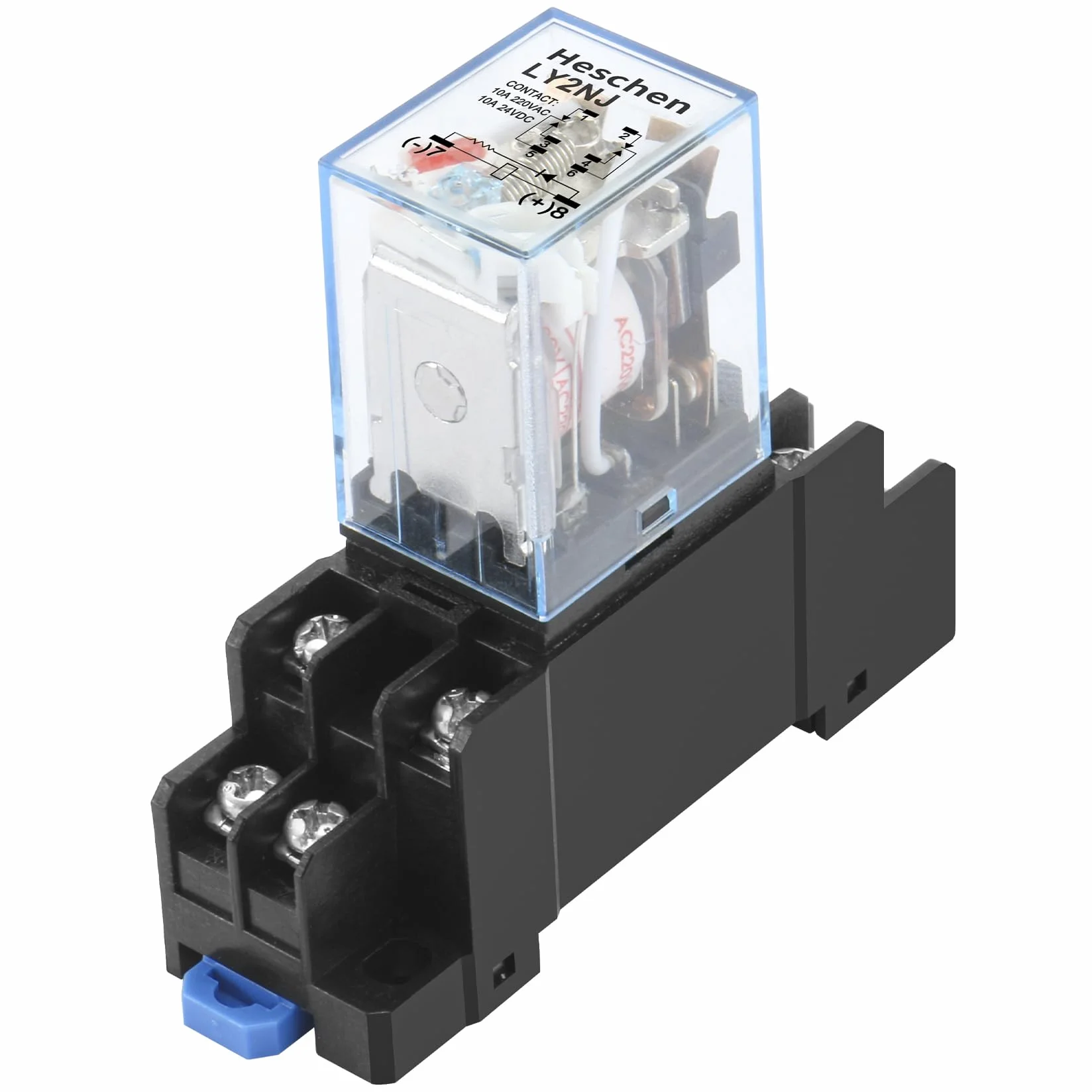 Heschen Przekaźnik uniwersalny LY2NJ, cewka 220 VAC, 10 A 24 VDC/220 VAC, DPDT, wyświetlacz LED, z podstawą cokołu