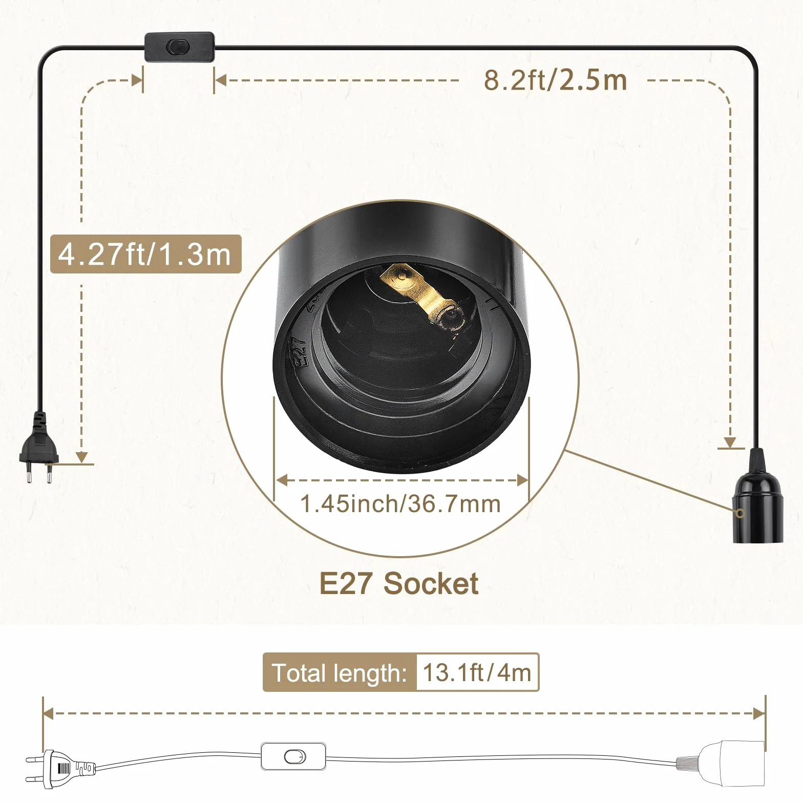 DiCUNO E27 oprawa lampy z przełącznikiem i kablem, oprawa E27 z czarnym kablem sieciowym 4 m, zawieszenie lampy wiszącej, lampa wisząca, 1P