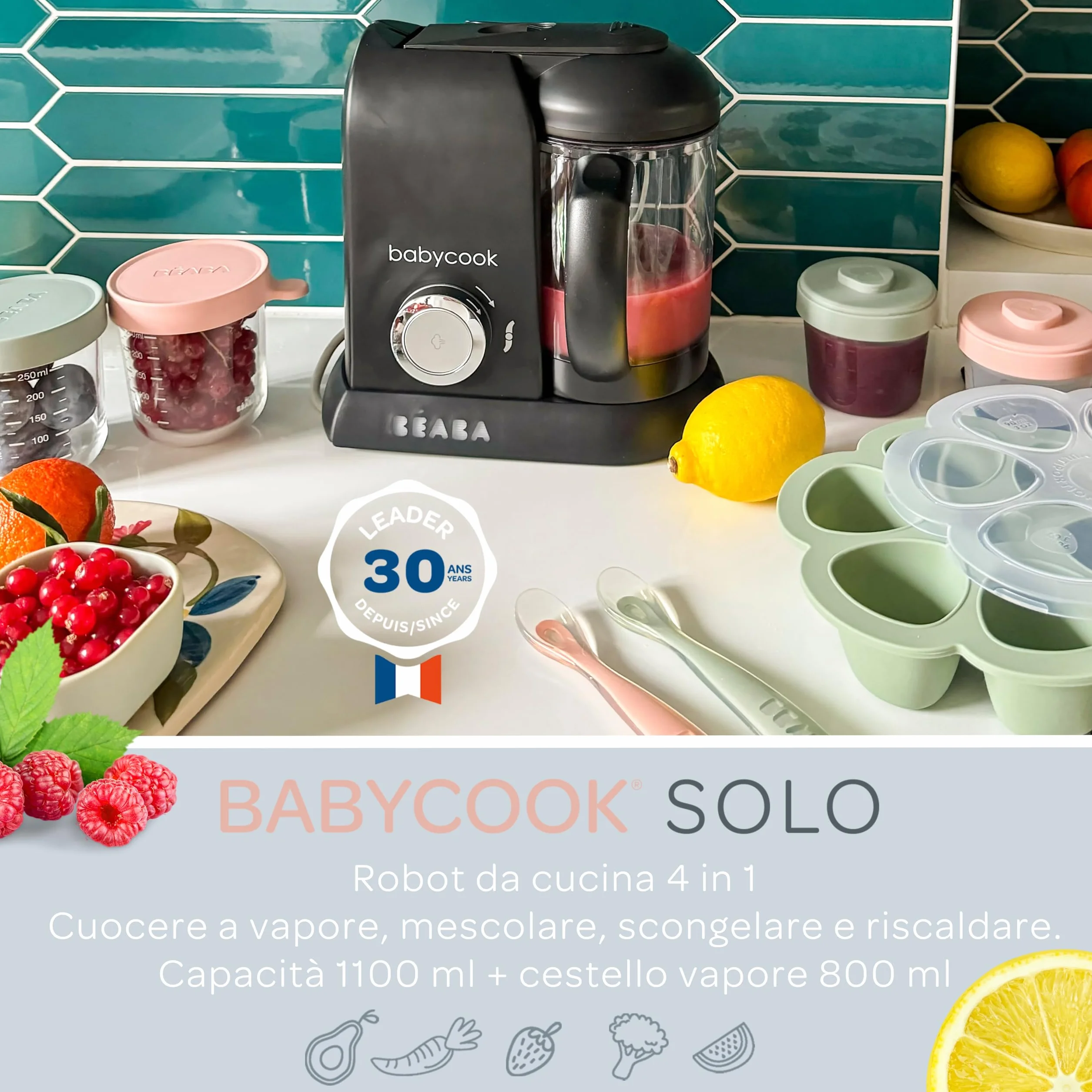 BÉABA, Babycook Solo, Robot dla niemowląt 4 w 1, kuchenka parowa, dywersyfikacja żywności, małe doniczki dla niemowląt, czarne