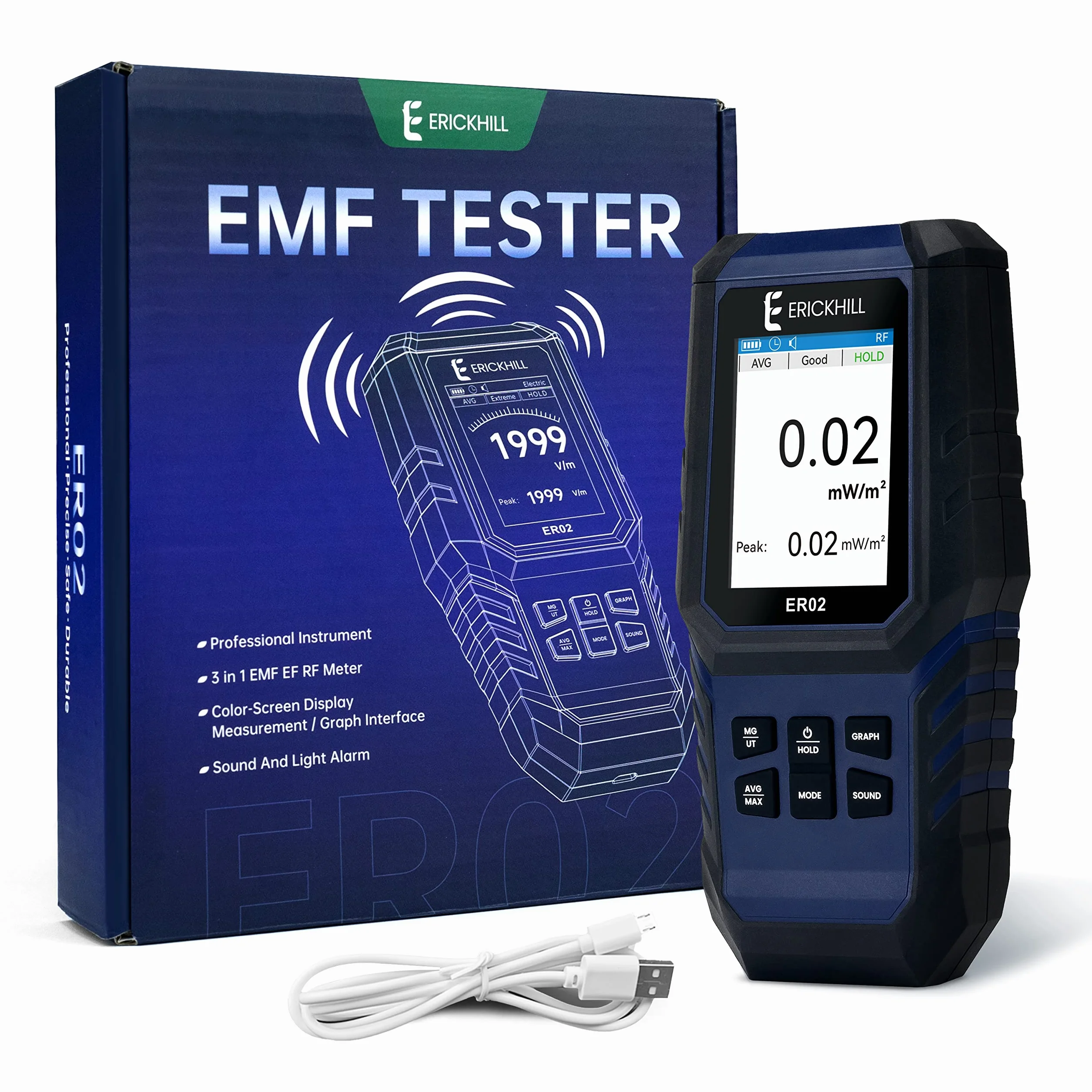 ERICKHILL Miernik EMF ER-02, kontrola EF/MF/RF, do ponownego ładowania, cyfrowy wyświetlacz LCD, do domu, biura, na zewnątrz