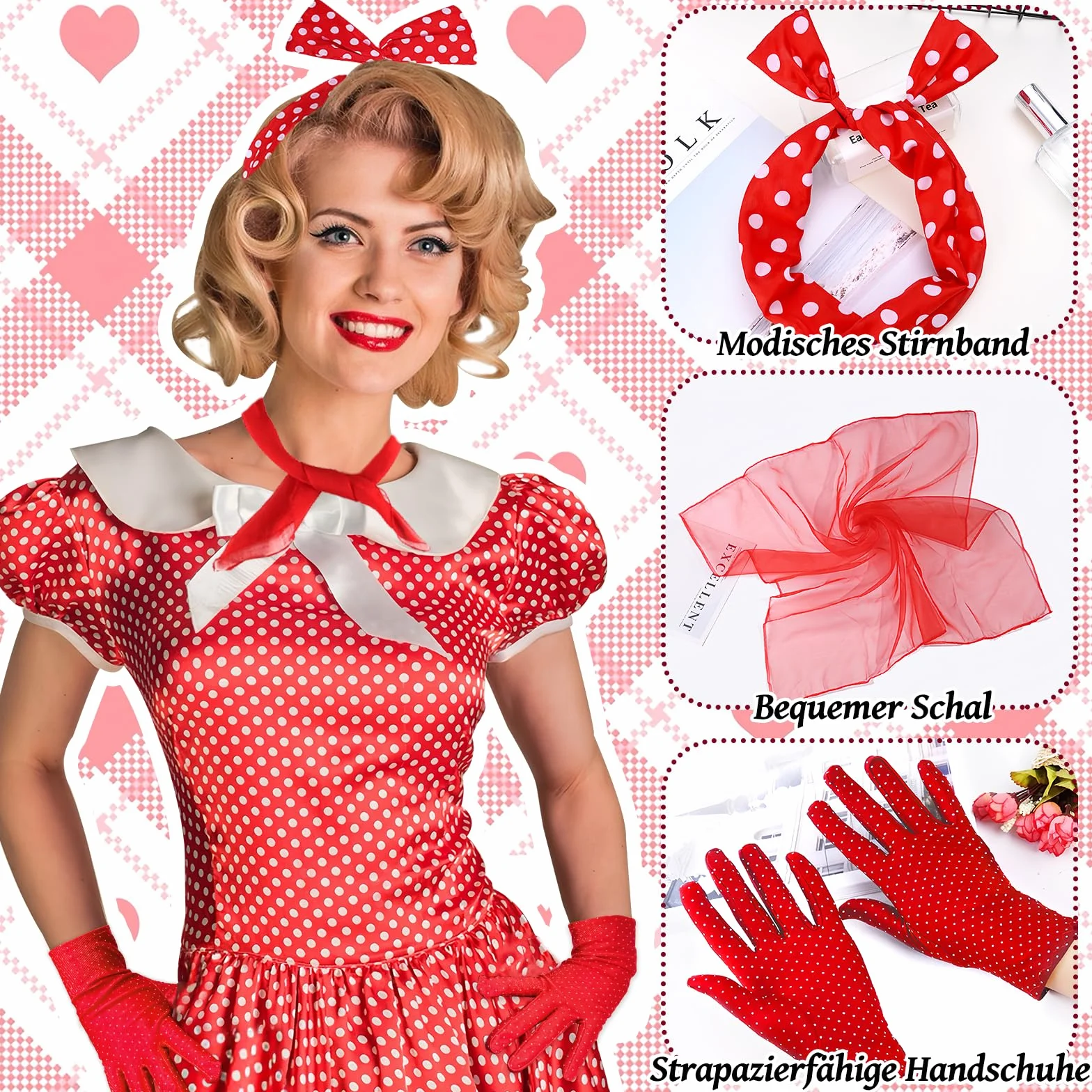 Grantop Akcesoria damskie w stylu lat 50. XX wieku, 12-częściowy zestaw akcesoriów damskich w stylu rockabilly, w stylu retro, akcesoria do kostiumu z szyfonu, szalik, rękawiczki, opaska na czoło