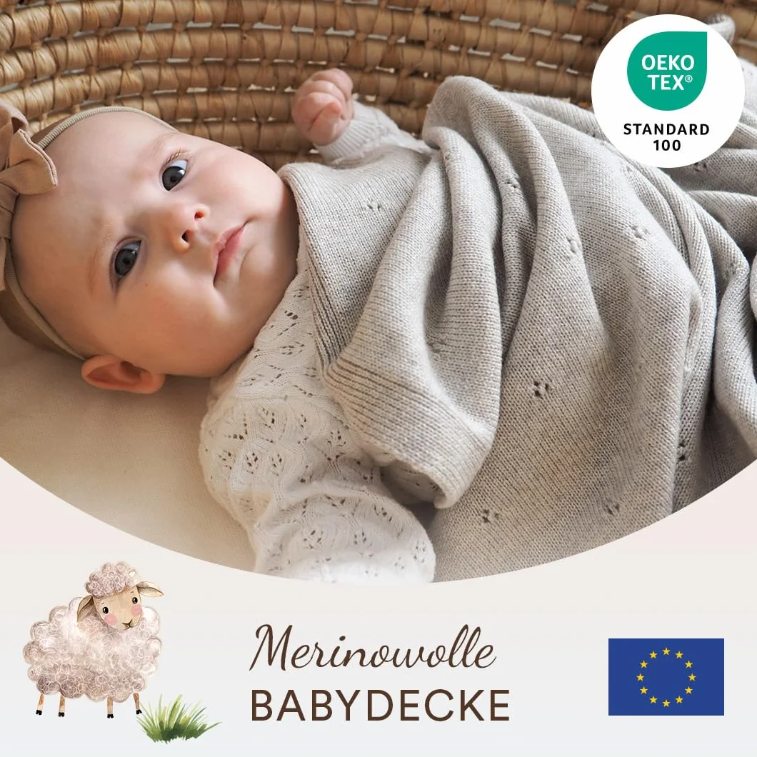 MayLily Kocyk niemowlęcy z wełny z merynosów, 80 x 100 cm, 100% wełna z merynosów, wyprodukowano w UE, ręcznie wykonany, hipoalergiczny, regulujący temperaturę na lato i zimę, lekki i łatwy w