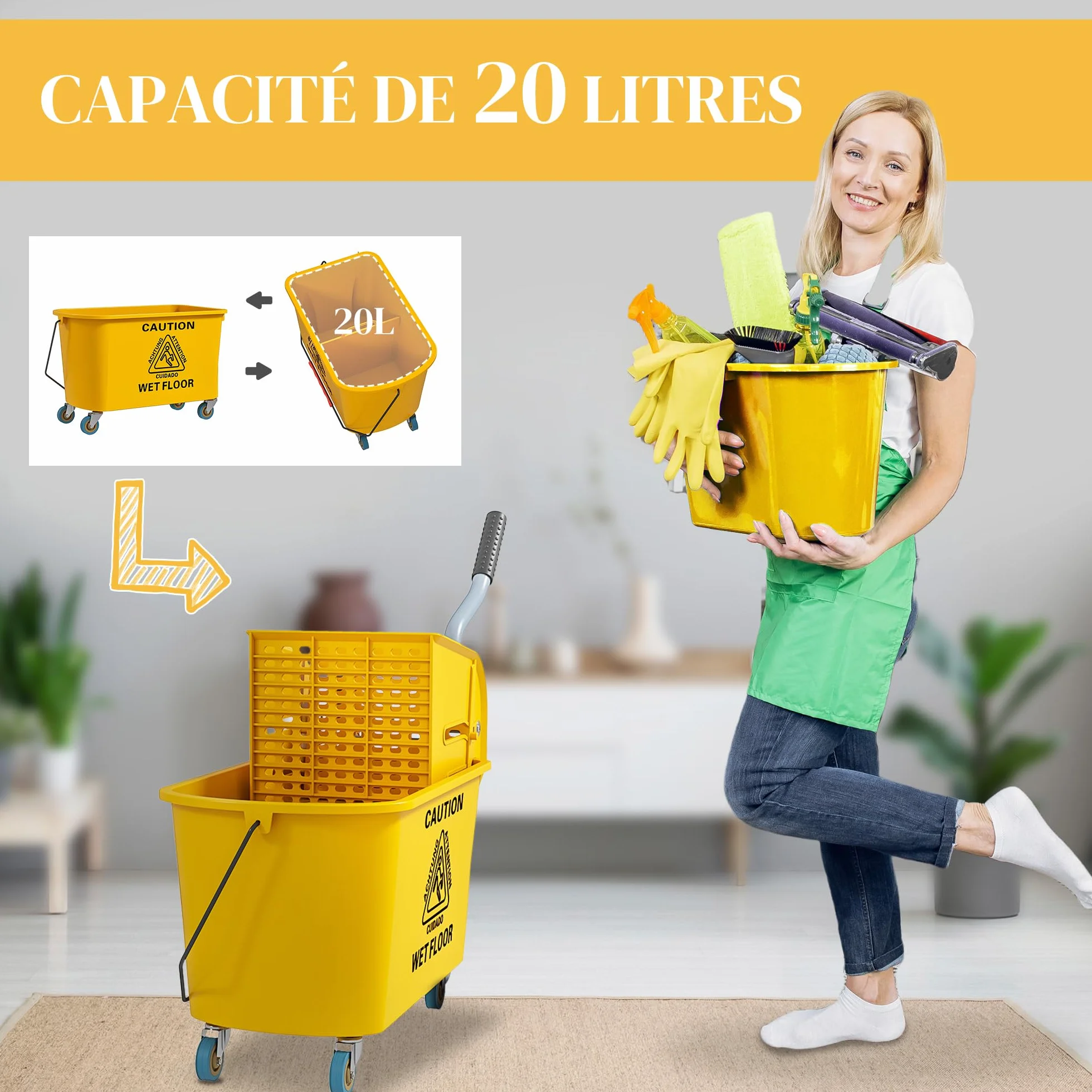 HOMCOM Wózek domowy, profesjonalny wózek do prania, wyciskarka boczna, wiadro 20 l, uchwyt i mop, 45 x 26,5 x 70 cm, żółty