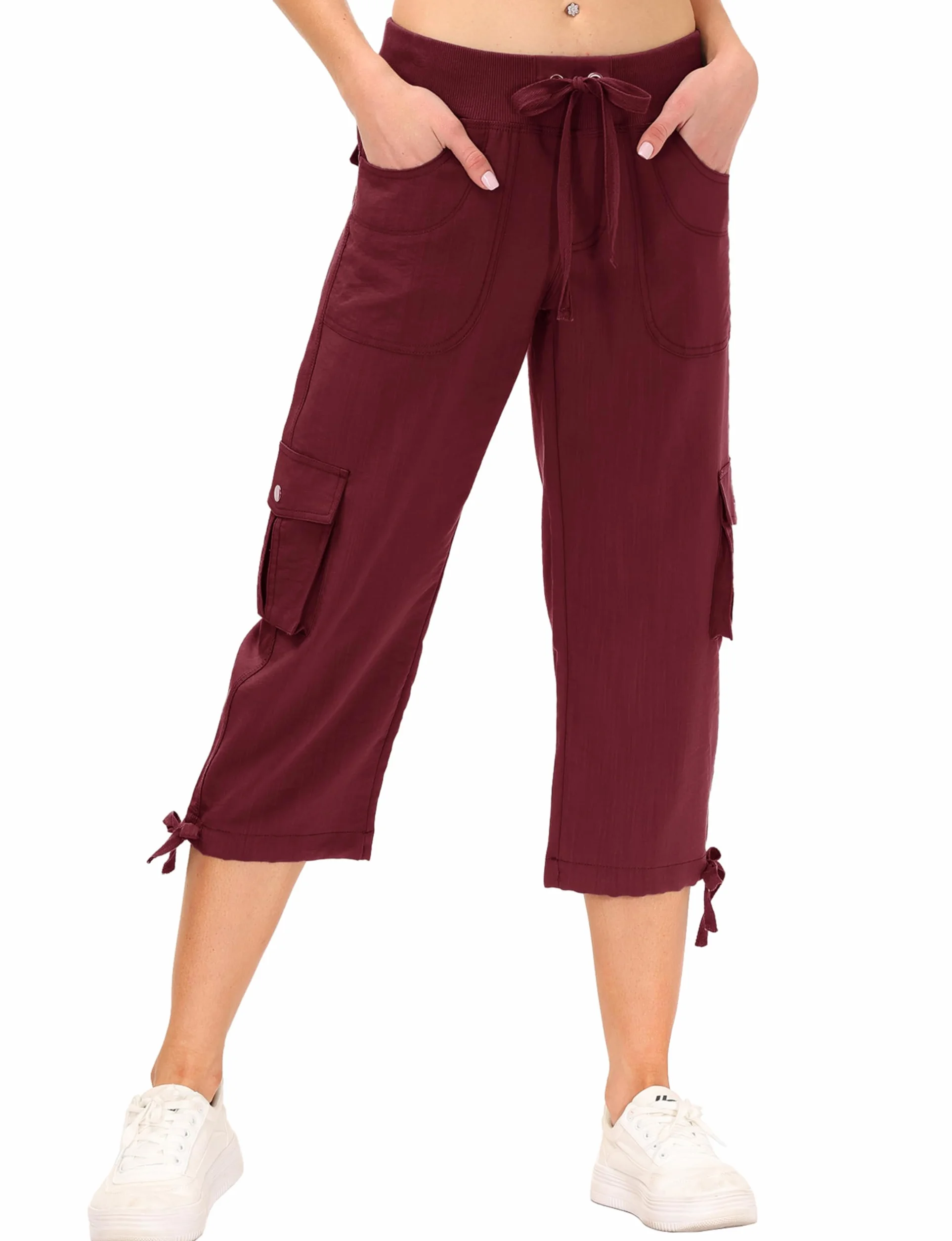 JINSHI Spodnie damskie cargo 3/4 Capri trekkingowe z wieloma kieszeniami