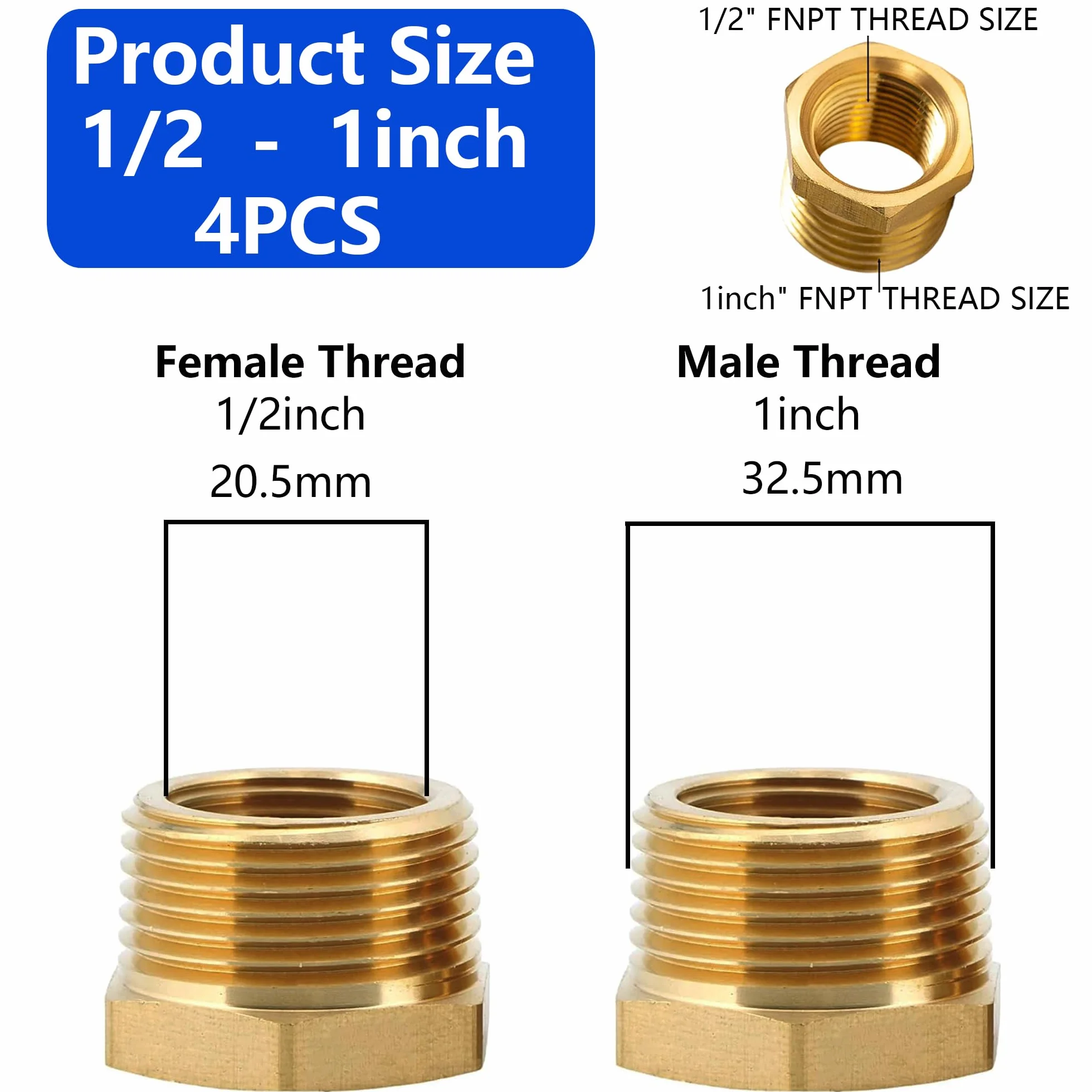 4 sztuki mosiężnych złączek redukcyjnych, adapter 1 na 1/2 cala (AG Ø 32,5 mm x IG Ø 19,5 mm), redukcja AG/IG, gwint zewnętrzny na złączkę z gwintem wewnętrznym, złączka gwintowana do rur wodnych (1