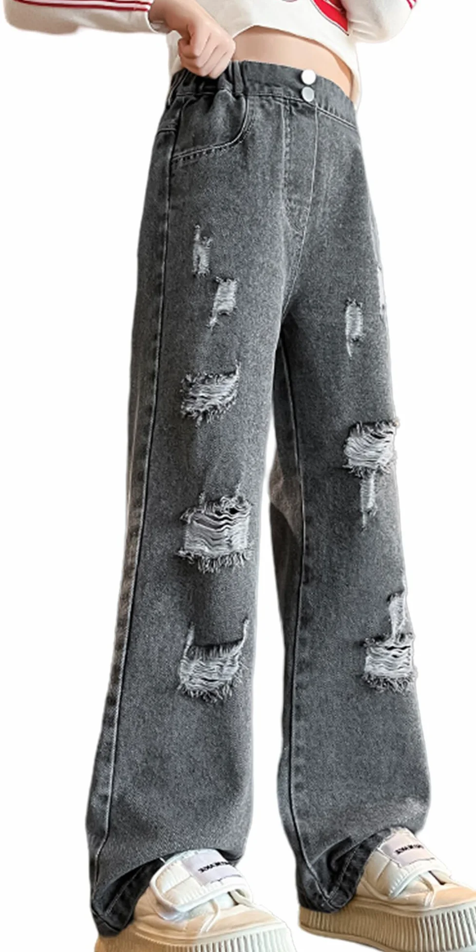 FEOYA Dziewczęce spodnie dżinsowe dla dzieci, spodnie dżinsowe, szerokie nogawki, streetwear z kieszeniami, dla nastolatków, vintage, Y2k, Baggy, jeansy Wide Leg 120-170