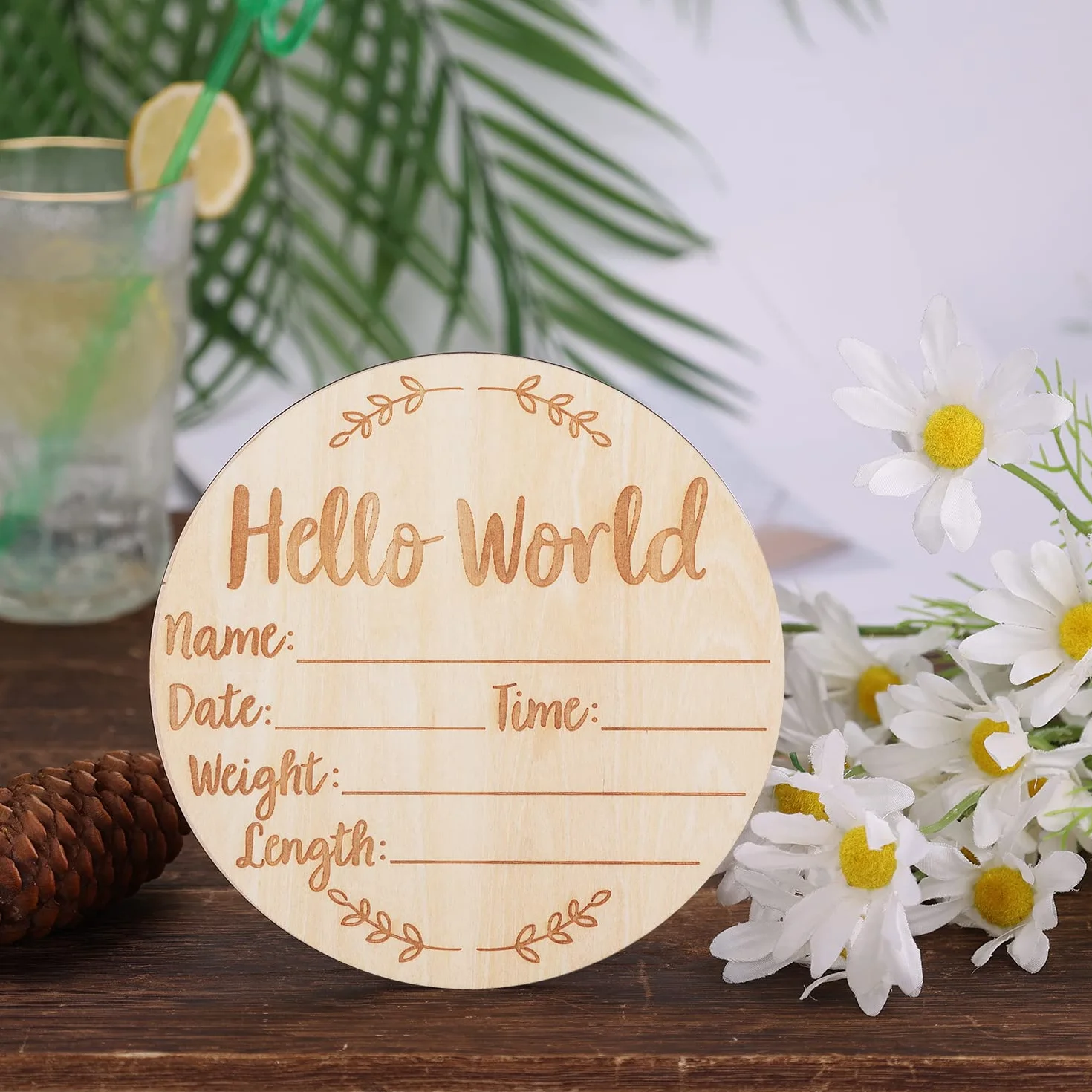 Drewniany Znak Ogloszenia Dziecka, 15cm Baby Announcement Sign Okragly Nowy Znak Dziecka Witaj Swiat Noworodek Znak Powitalny do Szpitala Zdjecie Rekwizytu Baby Shower Nowi Rodzice (Styl 2)