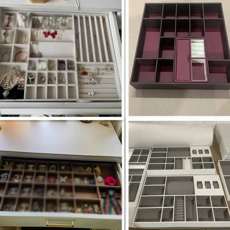 Organizery do szuflad na biżuterię – tacki separacyjne na pierścionki i kolczyki, wkłady ekspozycyjne do szafy i komody - 60 x 40 x 5,5 cm rozwiązanie do przechowywania biżuterii