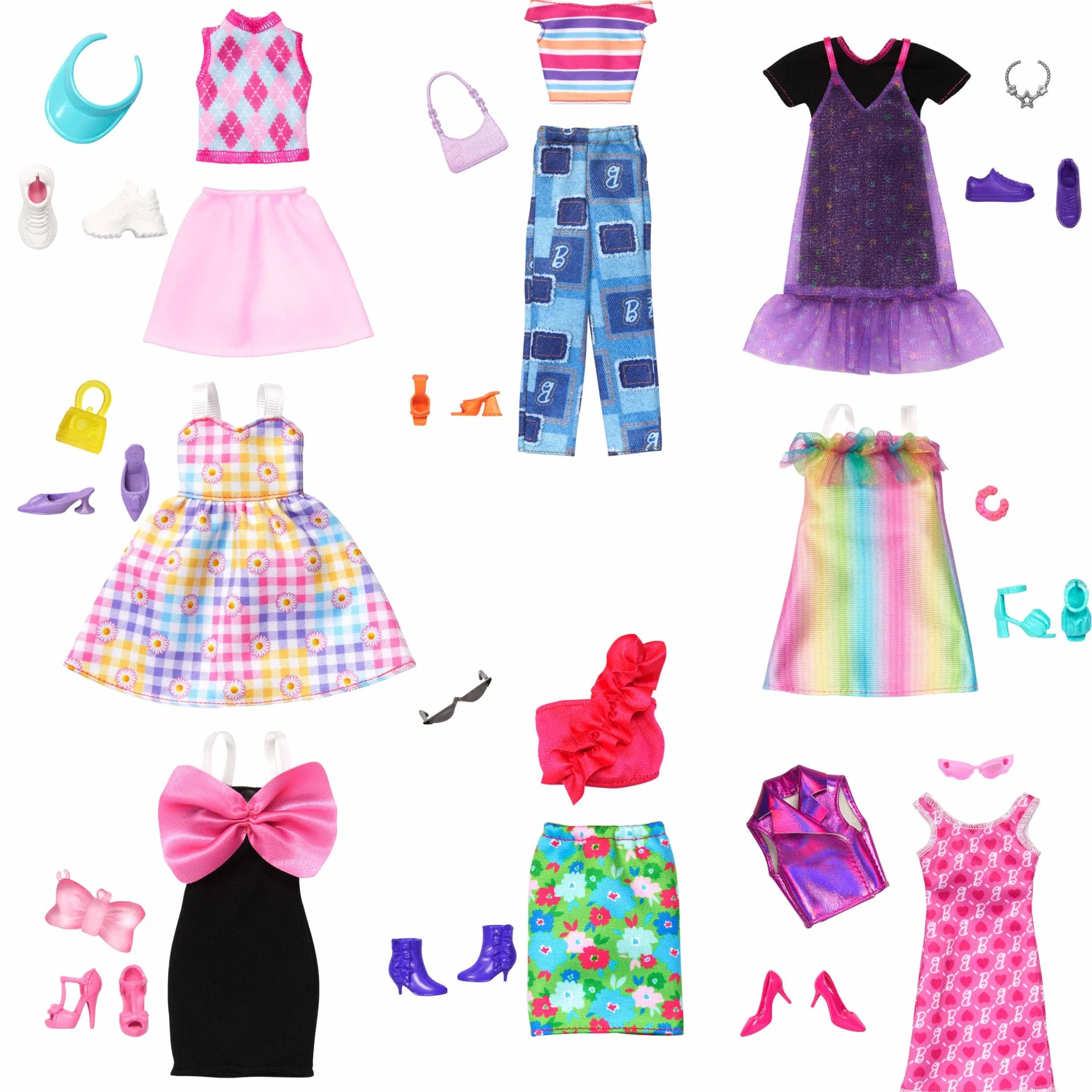 Barbie Zestaw modowy z 13 ubrankami, 8 akcesoriami i 8 parami bucików do stworzenia ponad 65 stylizacji, HRG56