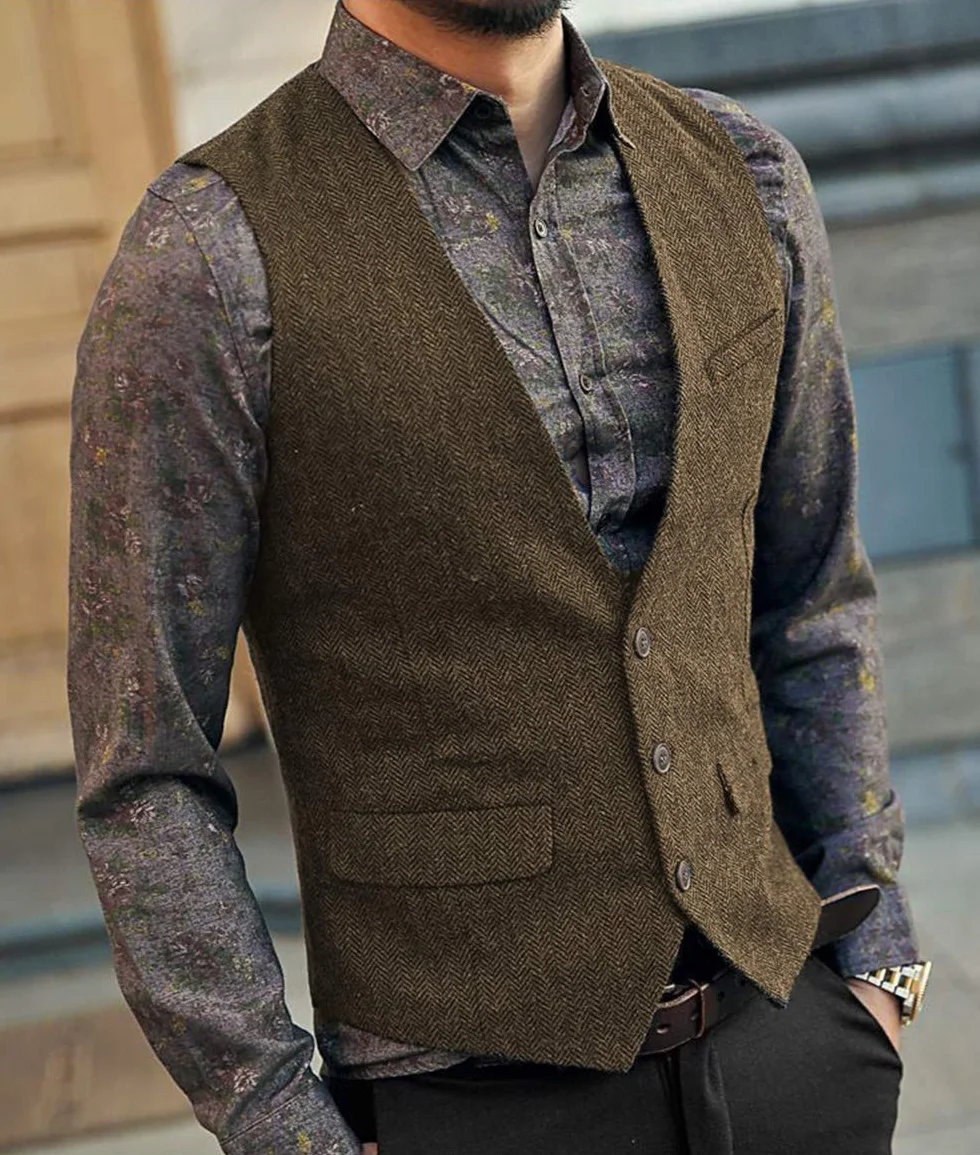 Męska kamizelka garniturowa slim fit wełna w jodełkę tweed casual dekolt w serek formalna kamizelka na ślub dla drużbów