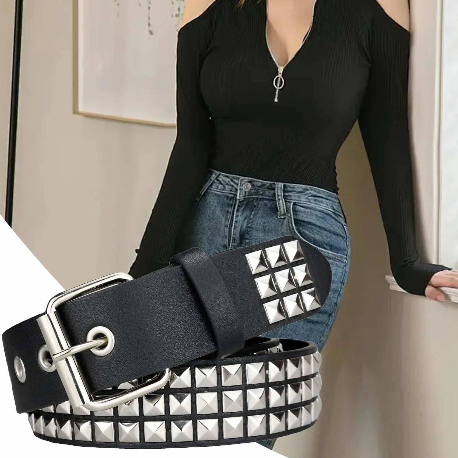 Women's Punk Black Belt, Adjustable PU Leather Waist Belt, Multi-Layered Buckle Design 115cm/45.28 inches, 1-Pack Black, For Party Nightclub Daily Wear Dating Outfits