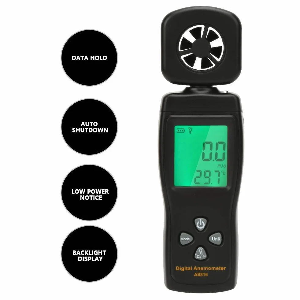Mini cyfrowy anometr, inteligentny czujnik AS816 0,3-30 m/s tester prędkości wiatru temperatury przepływu powietrza