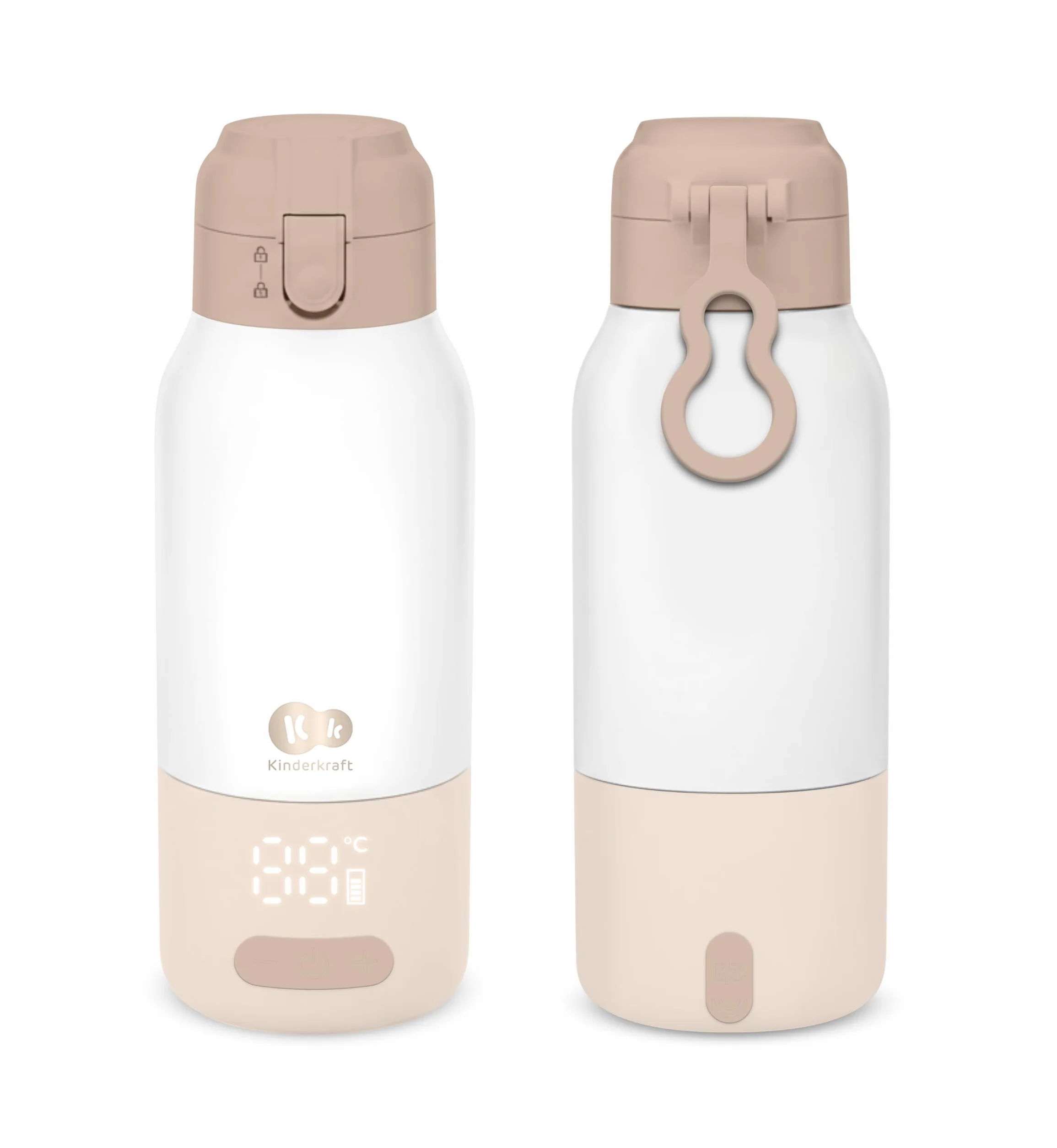 Kinderkraft GAJA Mobilny Podgrzewacz do Mleka i Termos 2w1, 500 ml, 5 zakresów temperatur, do 20h trzymania ciepła, odłączana bateria, do 10 cykli, USB-C, Beige