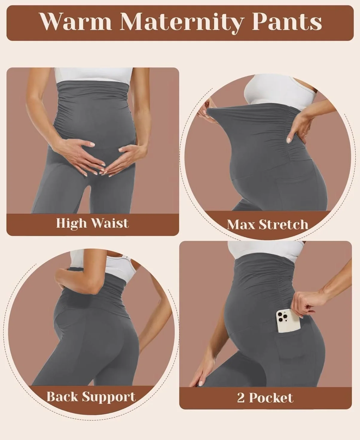 Yutdeng Legginsy ciążowe dla kobiet z wysokim stanem, legginsy ciążowe, nieprzezroczyste, legginsy ciążowe, elastyczne spodnie ciążowe, miękkie legginsy w ciąży z kieszeniami, modna odzież w ciąży