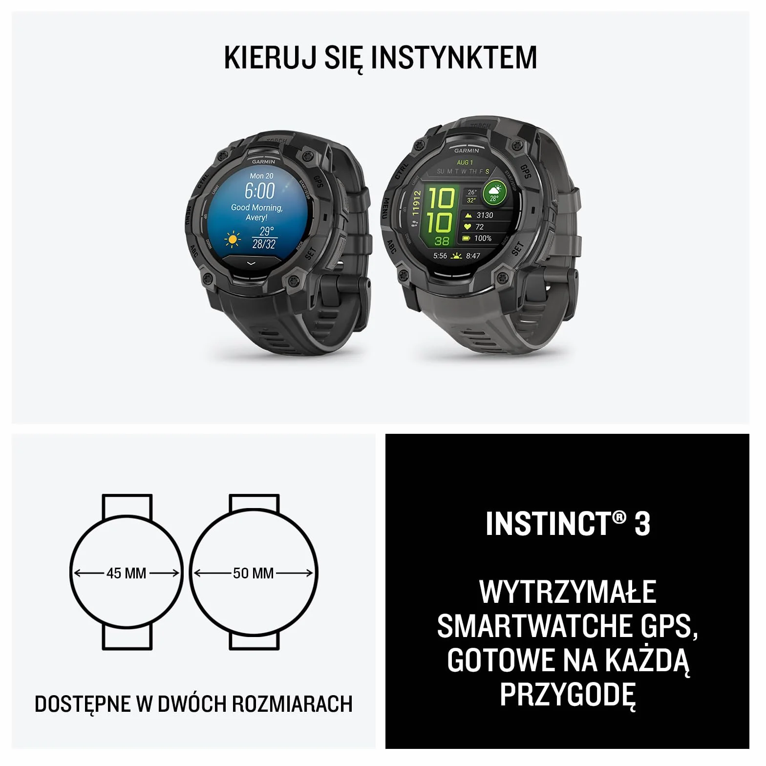Garmin Instinct 3 [odnowiony], wytrzymały smartwatch GPS 50 mm, wbudowane aplikacje sportowe i monitorowanie zdrowia, latarka LED, odporny na wstrząsy, 10 ATM, czas pracy baterii do 24 dni, czarny
