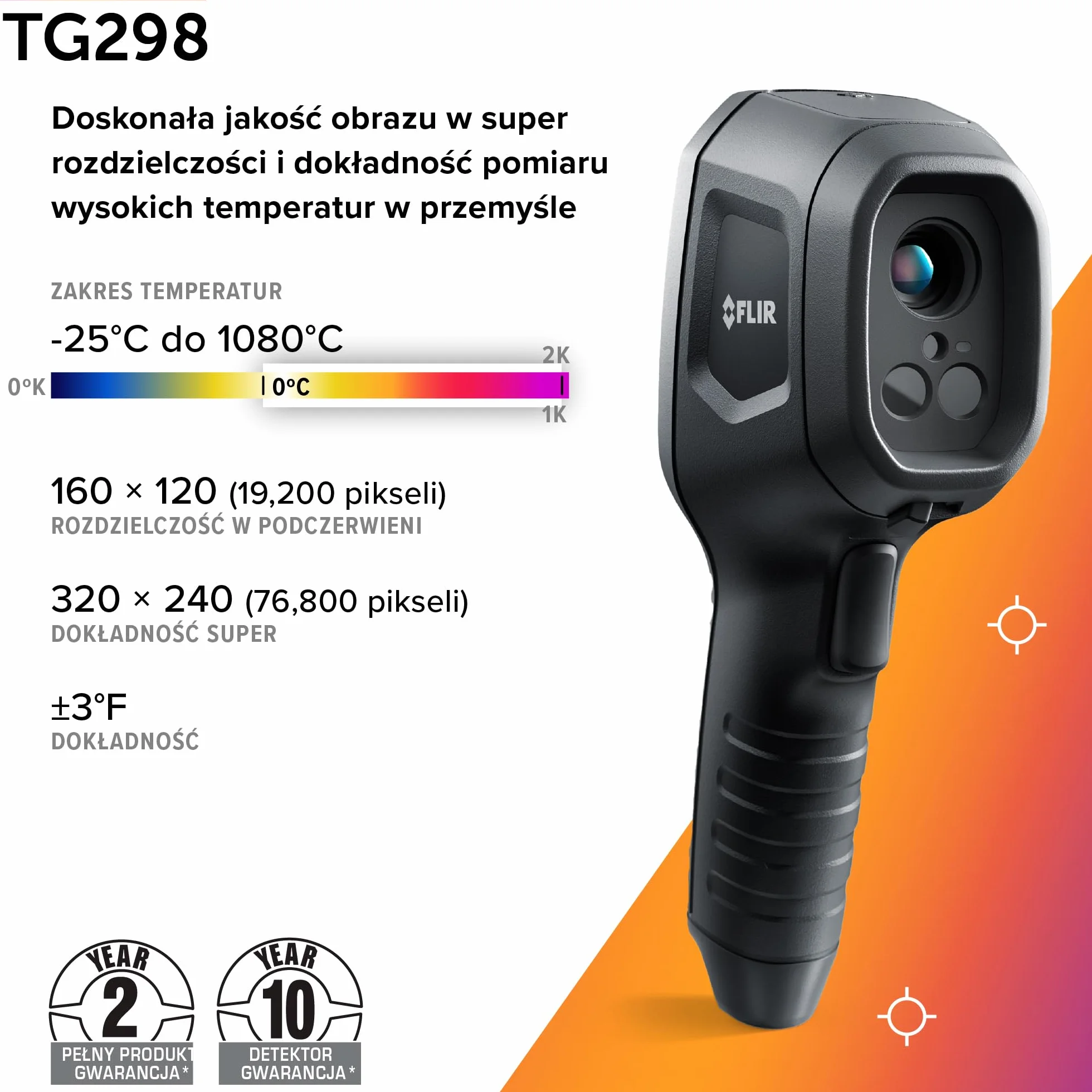 FLIR TG298 Kamera termowizyjna z wysoką temperaturą, punktową podczerwienią o superrozdzielczości 320x240 (natywna IR 160x120) i laserem Bullseye: przemysłowa kamera punktowa na podczerwień
