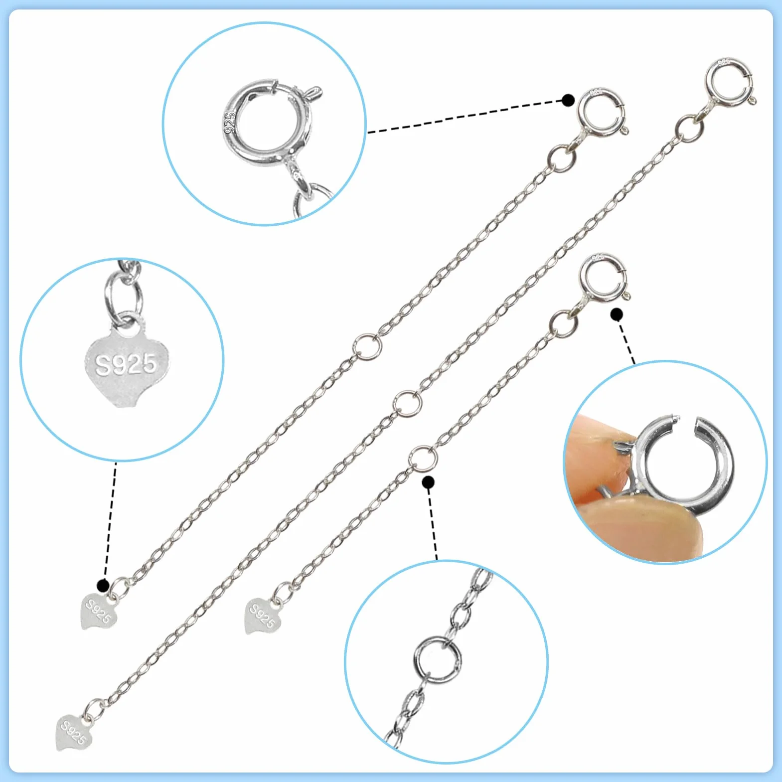 TOAOB 3 szt. srebrny łańcuszek przedłużający 925, srebrny łańcuszek przedłużający 5cm, 8cm, 10cm, okrągłe zapięcia na karabińczyki, okrągłe i kształt serca, koraliki do tworzenia biżuterii