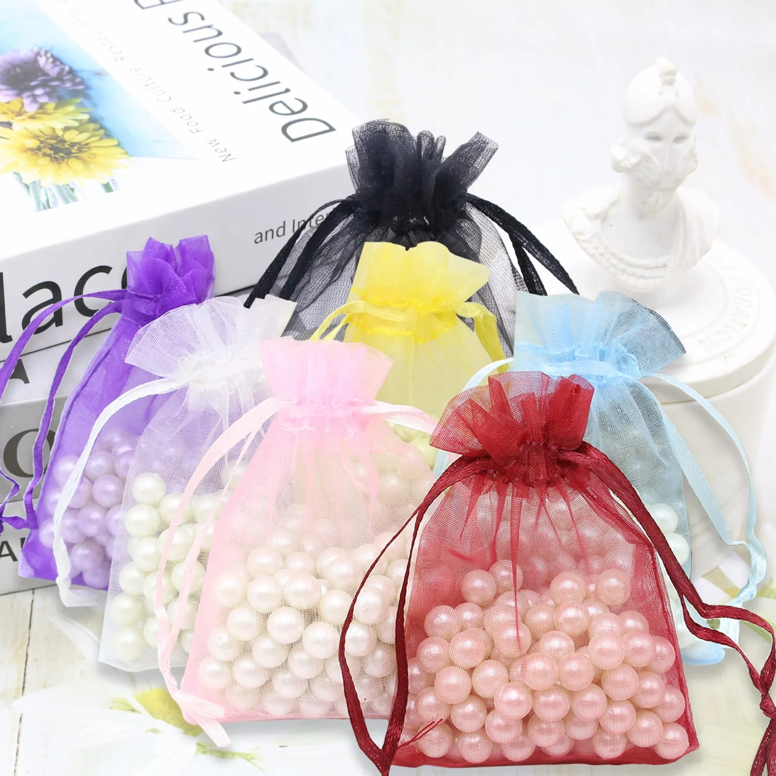 Leeyunbee 100 szt. Jasnoniebieskie woreczki z organzy 10 x 15 cm woreczki z organzy, woreczki, na prezent, biżuteria, ślubne torebki na cukierki, na imprezę festiwalową i wesele, satynowy sznurek