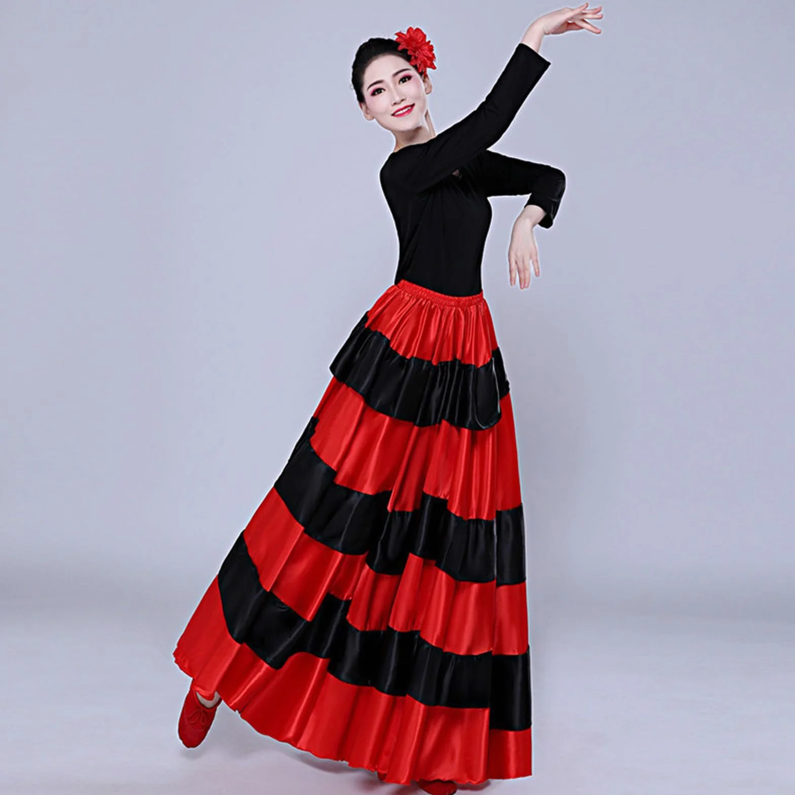 Damska czarna czerwona warstwowa długa spódnica do hiszpańskiego flamenco Meksyk Balet Folklorico spódnica do tańca brzucha długa spódnica flamenco hiszpański taniec duża huśtawka kostium na Halloween