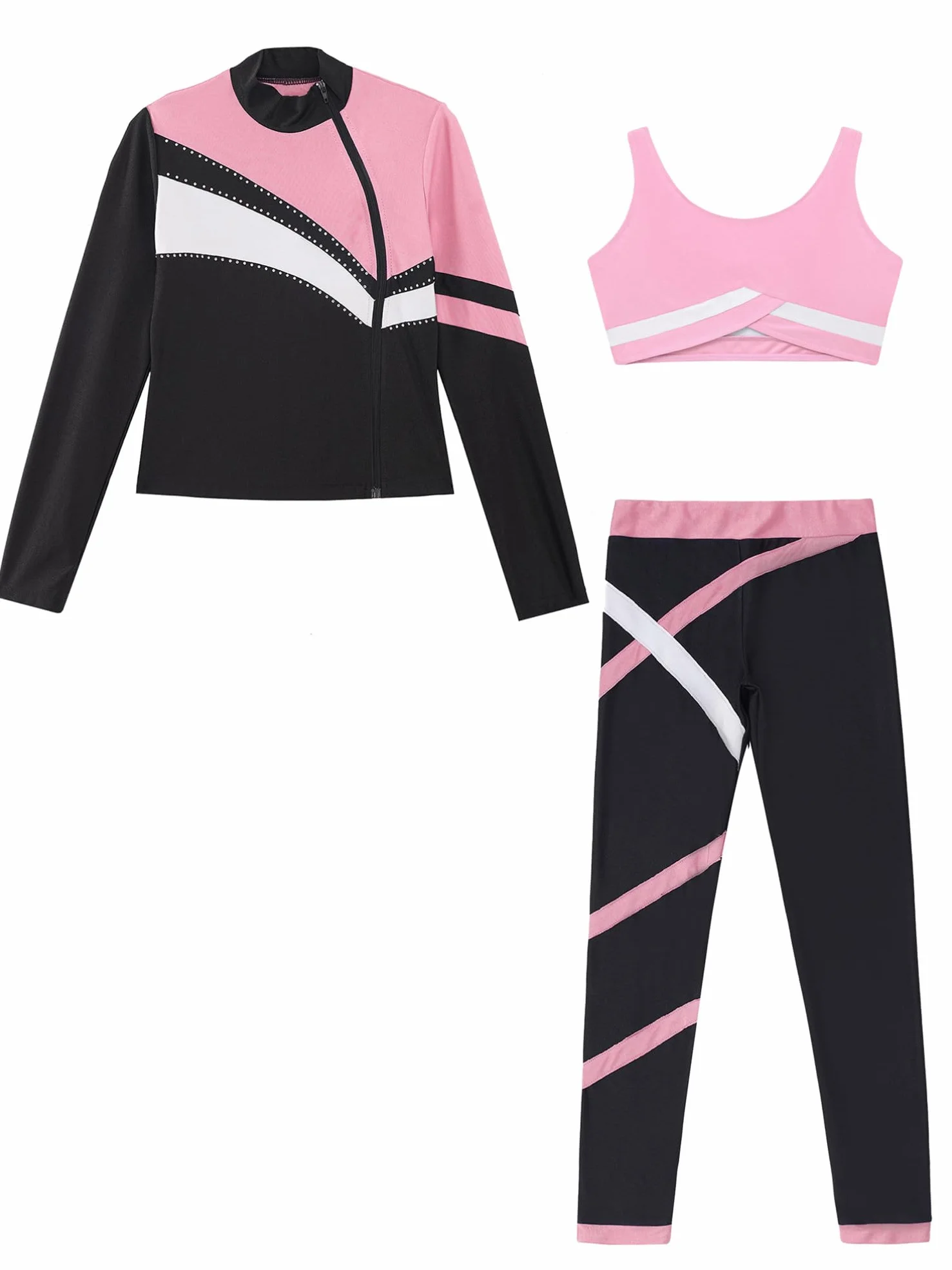 inhzoy Dziewczęcy strój do łyżwiarstwa figurowego zestaw odzieży sportowej z długim rękawem kurtka legginsy i Cropped Tank Top 3-częściowy dziecięcy strój do tańca