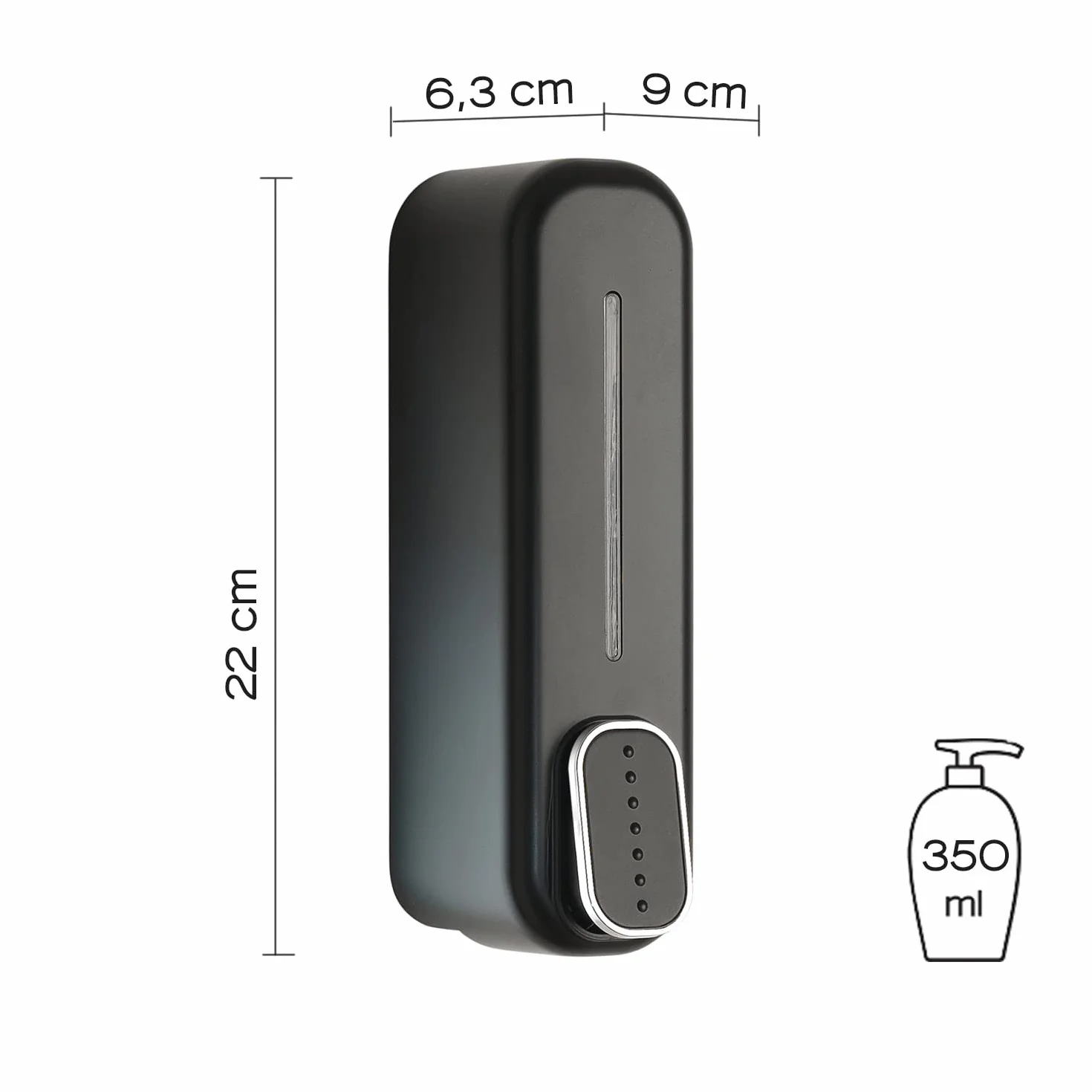 GEDY | Mullet Dozownik Mydło i żel Odkażający 350 ml, Kolor Czarny, Wymiary 22 x 6,3 x 9 cm i waga 0,205 kg