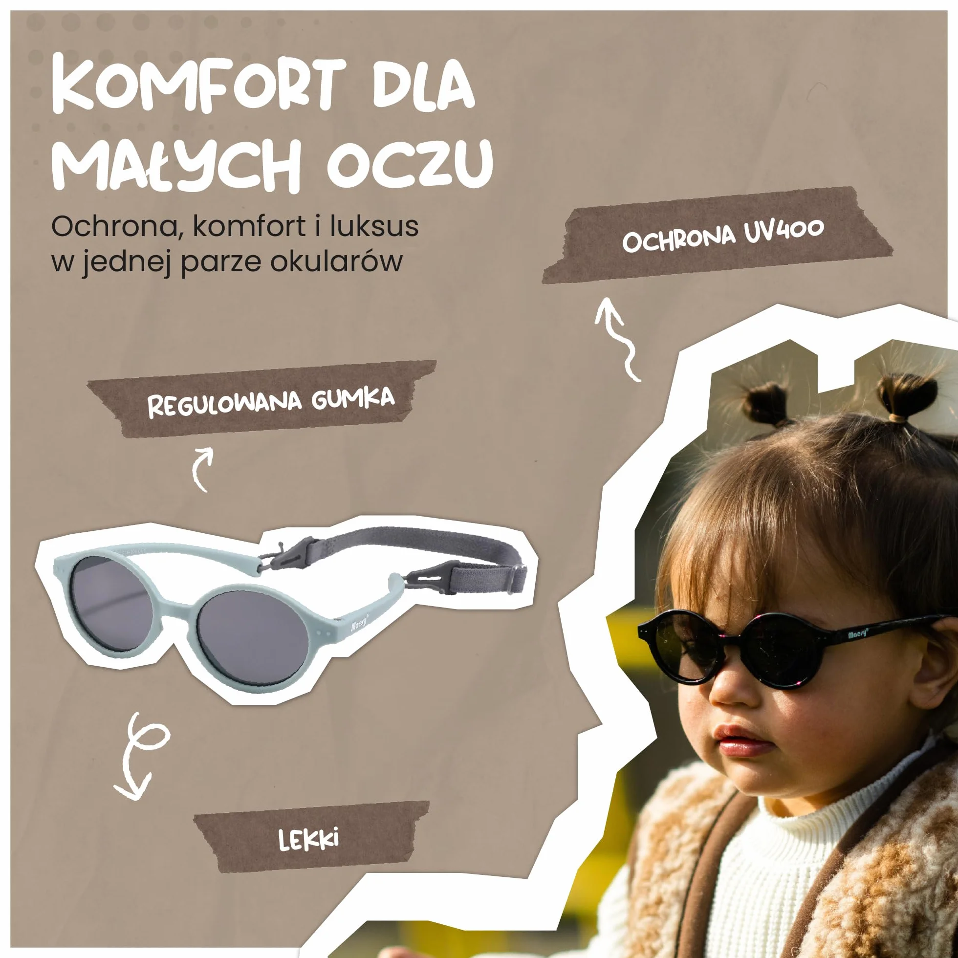 dziecięce okulary przeciwsłoneczne Noah - 0-2 lata - elastyczne, zginane - regulowana gumka - polaryzacja UV400 - dla chłopców i dziewczynek - owalne