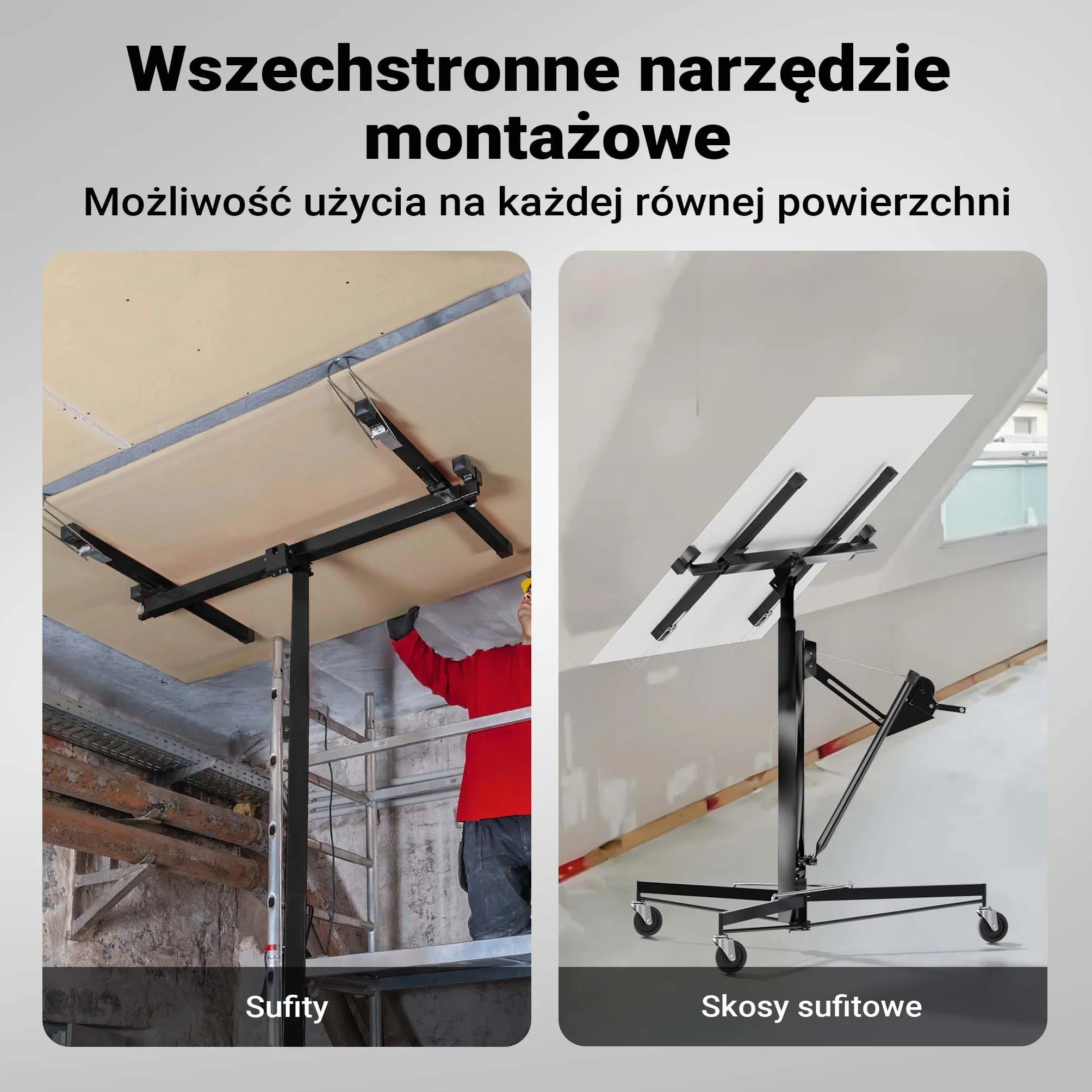 Podnośnik do paneli Wiltec XXL do maks. 68 kg, wysokość 140-350 cm, maks. szerokość 2,90 m, pomoc w montażu płyt kartonowo-gipsowych, obsługa przez 1 osobę, 3 koła z hamulcem postojowym, czarny