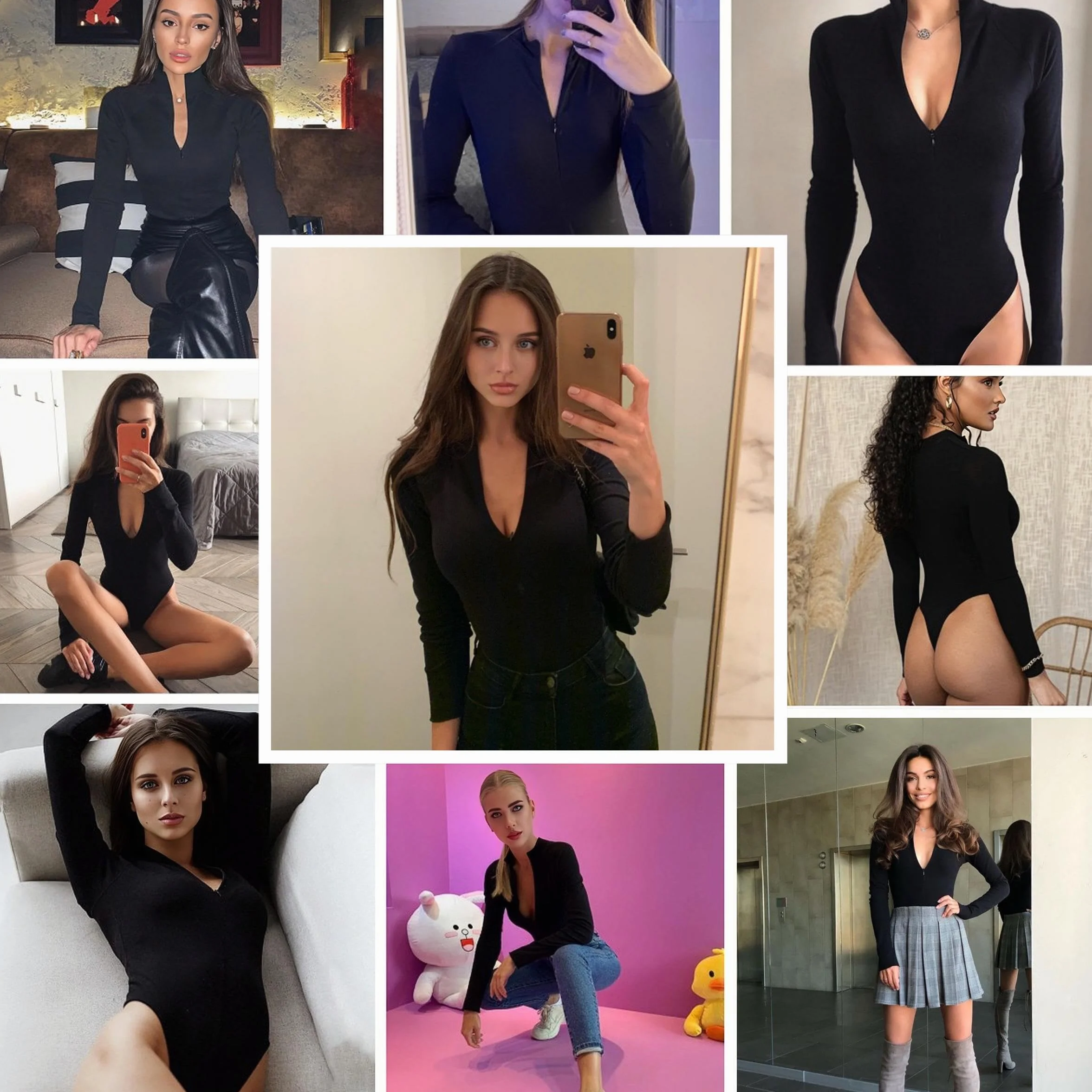 Body damskie z długim rękawem, seksowny golf, dekolt w serek, body slim fit, kombinezon z zamkiem błyskawicznym z przodu, rozciągany, trykot, szykowny garnitur, codzienny ubiór