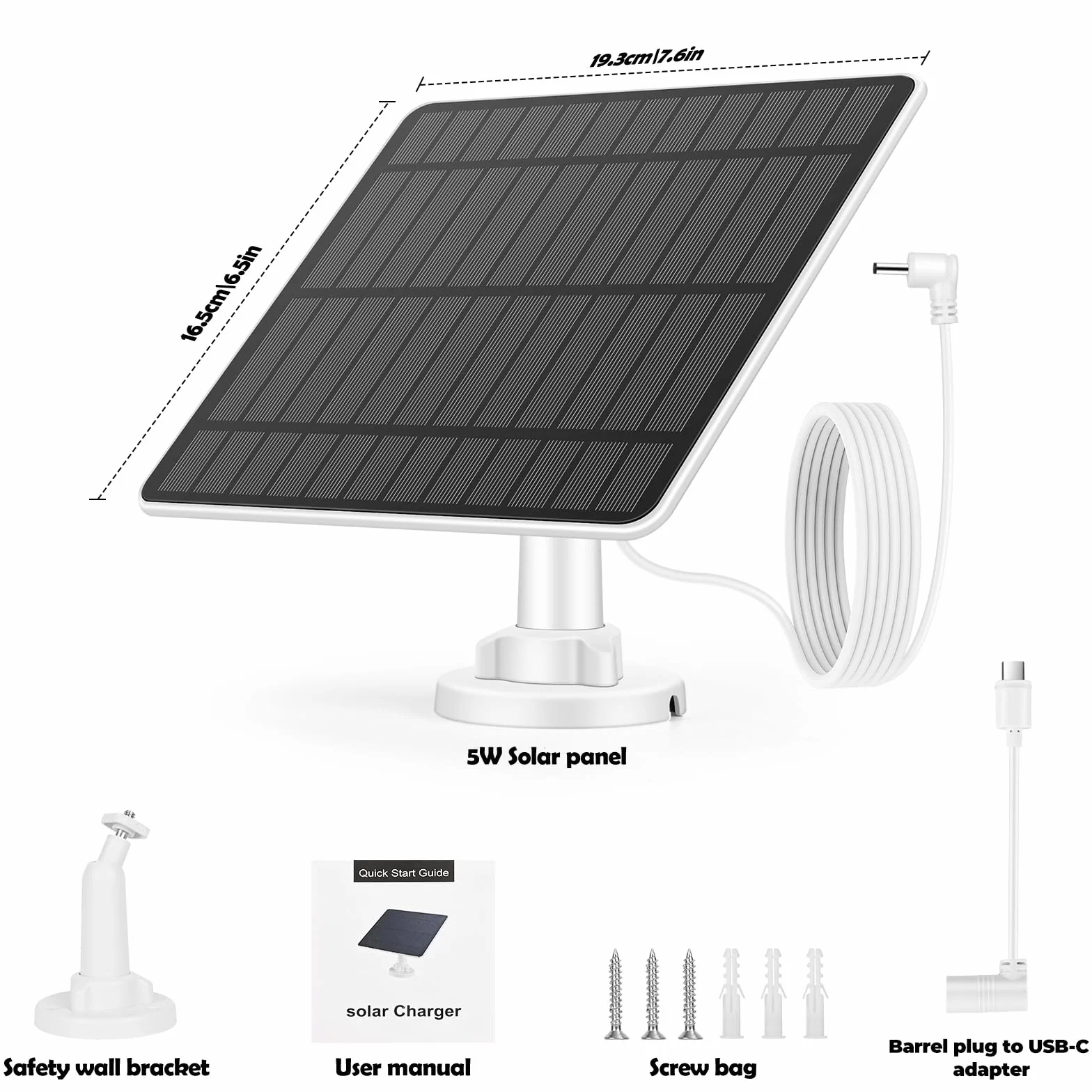 Weinsamkeit Panel słoneczny 5 W do zewnętrznej kamery monitorującej, kompatybilny z baterią Stick Up Cam / Spotlight Cam Pro, adapter wtyczki beczki na USB-C, kabel 4 m, wodoodporny IP65