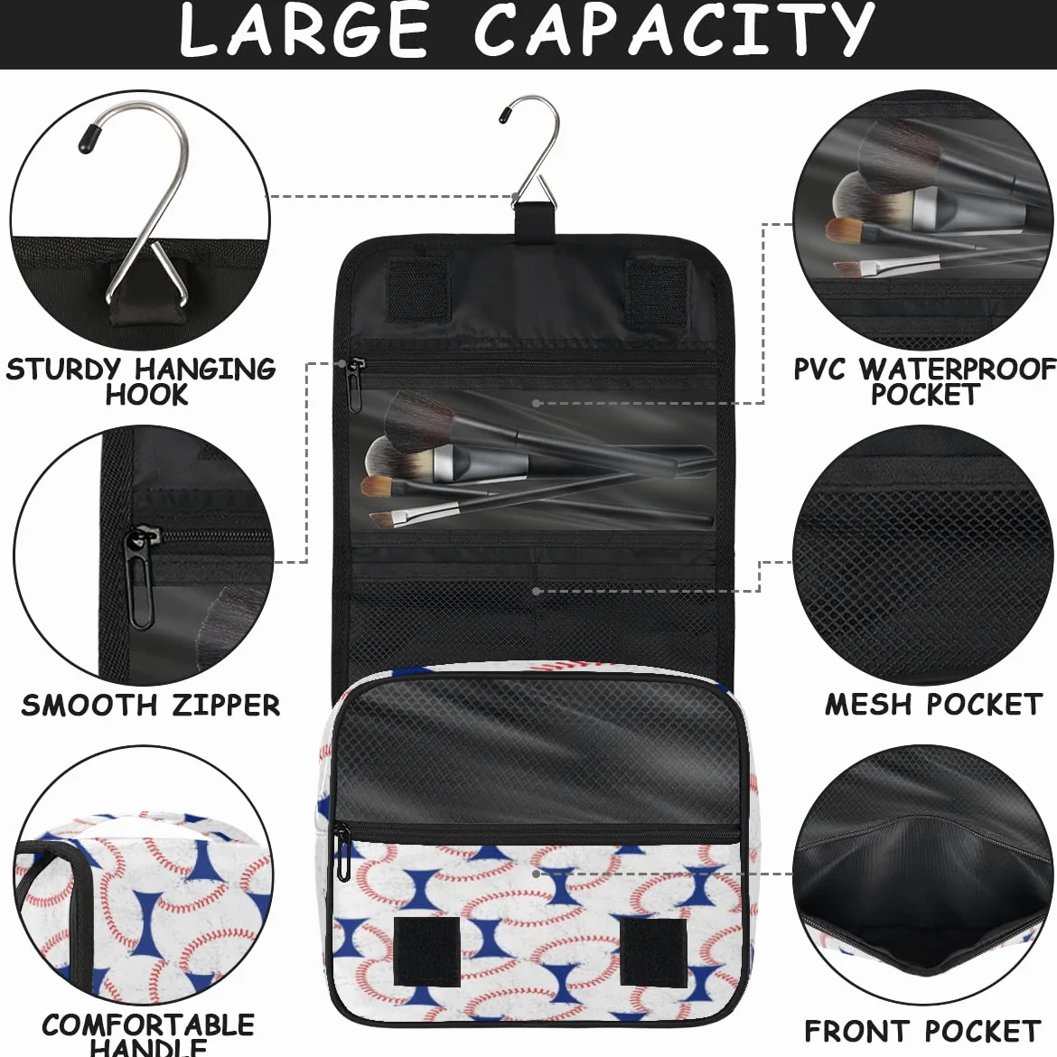 Baseballowy wzór podróżna kosmetyczka bejsbolówka design torba do mycia uniseks wiszące przybory toaletowe organizer na kosmetyki kosmetyki, wielobarwny, Jeden rozmiar