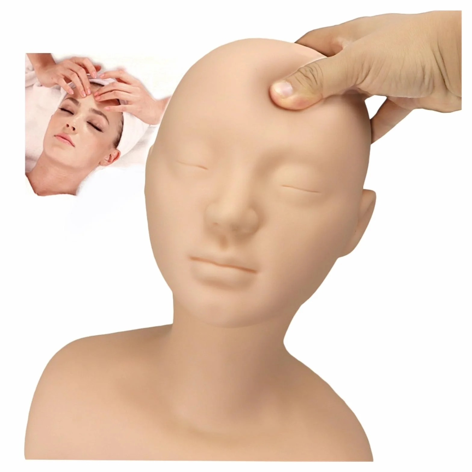 Soft Silicone Massage Training Mannequin Head With Shoulder Professional Cosmetology Make Up Practice Doll Head For Hairdressers(One Message Head A)