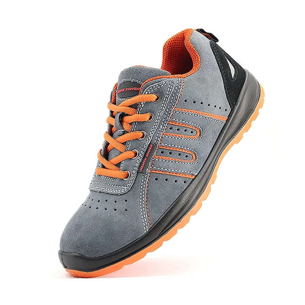 JOMIX Buty ochronne dla mężczyzn i kobiet, buty robocze dla chłopców, antypoślizgowe, wzmocniona końcówka, stal, 04 szary pomarańczowy, 47 EU