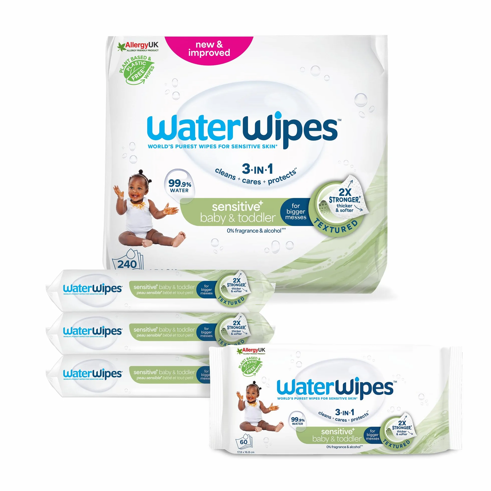 WaterWipes Sensitive+ Baby & Toddler Wipes, Chusteczki dla niemowląt i małych dzieci, 240 sztuk (4 opakowań), 3 w 1: delikatnie oczyszczają, pielęgnują, chronią, 99.9% wody, bezzapachowe
