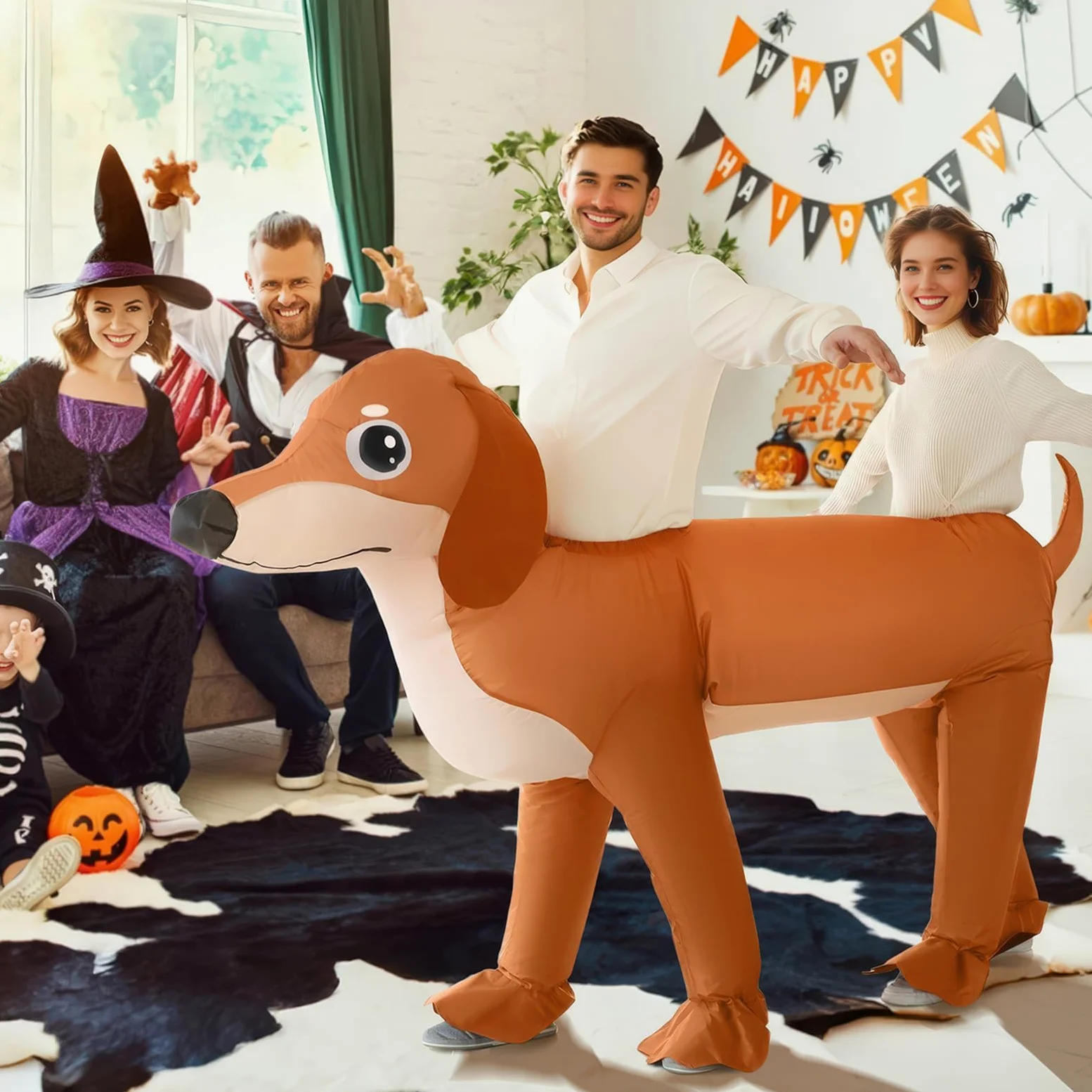 Poptrend Nadmuchiwany kostium jamnika, podwójny kostium dla dorosłych, nadmuchiwany podwójny pies, nadmuchiwany kostium na Halloween, jamnik, kostiumy, dla mężczyzn i kobiet, zabawny fantazyjny