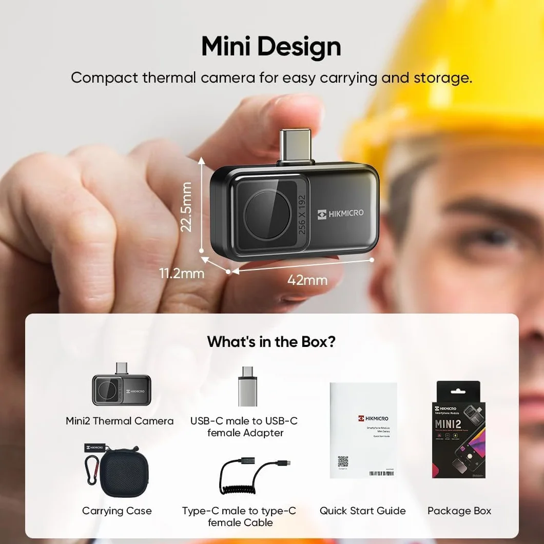 Kamera termowizyjna HIKMICRO Mini2 z systemem Android, rozdzielczość 256 x 192 podczerwieni, częstotliwość odświeżania 25 Hz, szeroki kąt 50°, 49 152 pikseli, -20°C do 350°C, USB-C (nie dla iPhone'a)