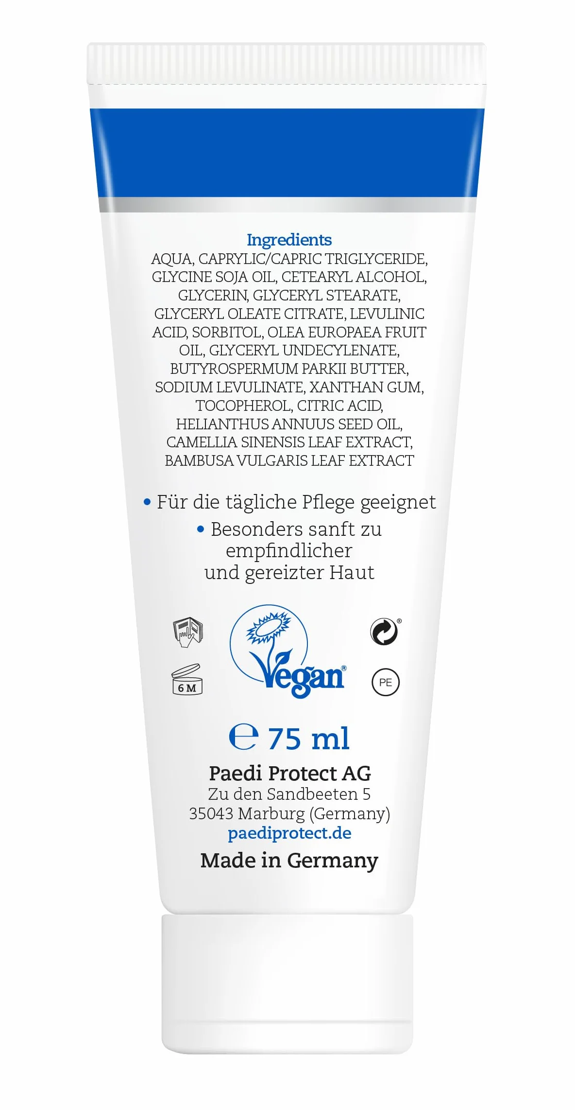 PAEDIPROTECT Krem do pielęgnacji twarzy dla niemowląt i dzieci, 75 ml, bez perfum i bez mikroplastiku, krem do twarzy sucha, wrażliwa skóra, wegańskie substancje pielęgnacyjne, kojący i pielęgnujący