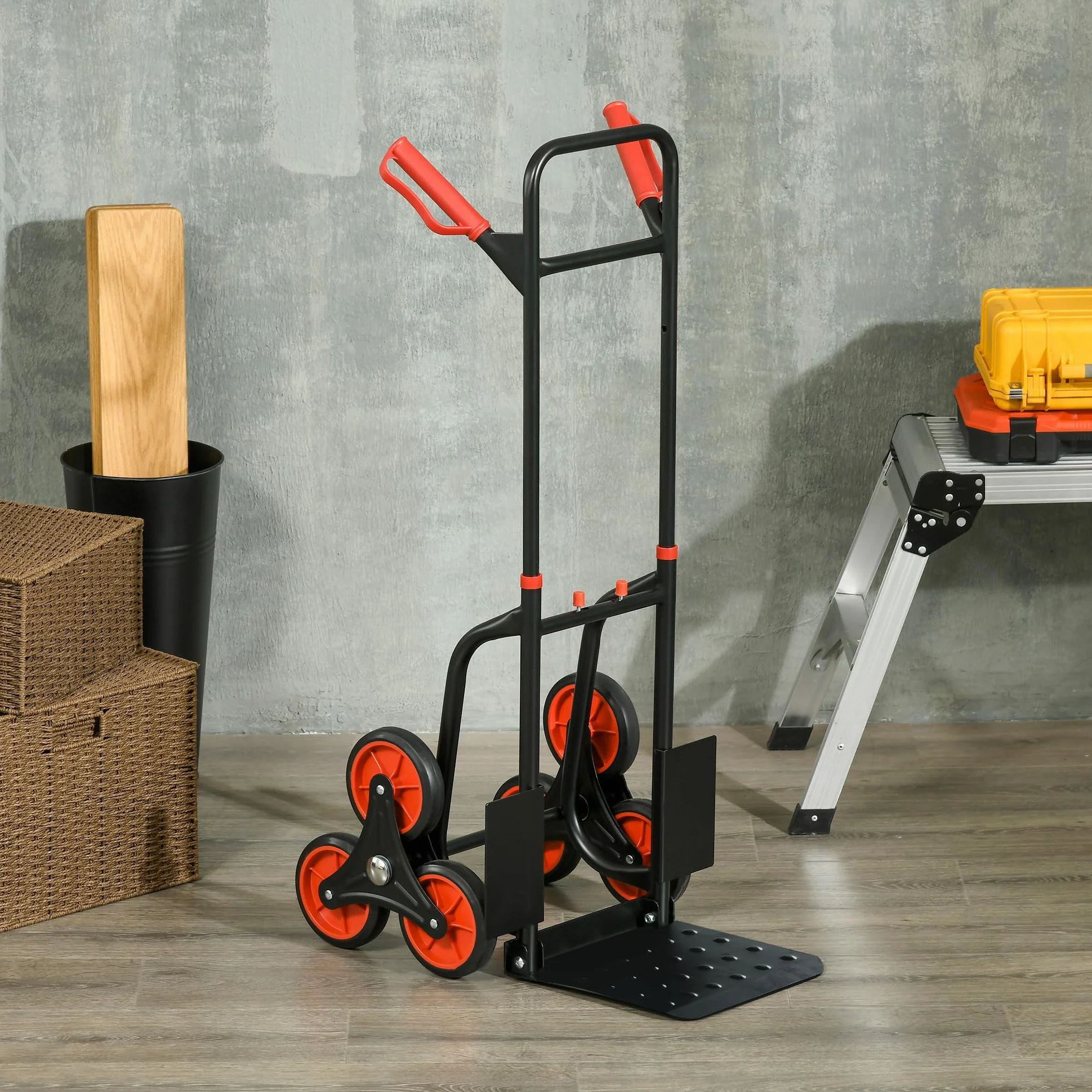 HOMCOM Wózek schodowy 6 kół, rozkładany, składany wózek transportowy 120 kg, wózek składany, stalowy, czarny czerwony